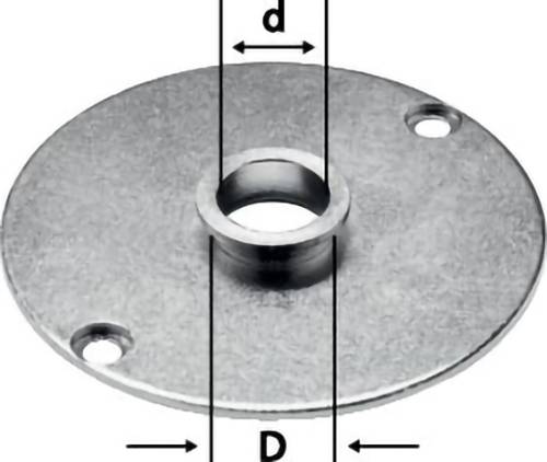 Ein kreisförmiger Metallflansch mit zwei Löchern auf gegenüberliegenden Seiten und einem erhöhten zentralen Ring. Zwei Pfeile sind mit „d