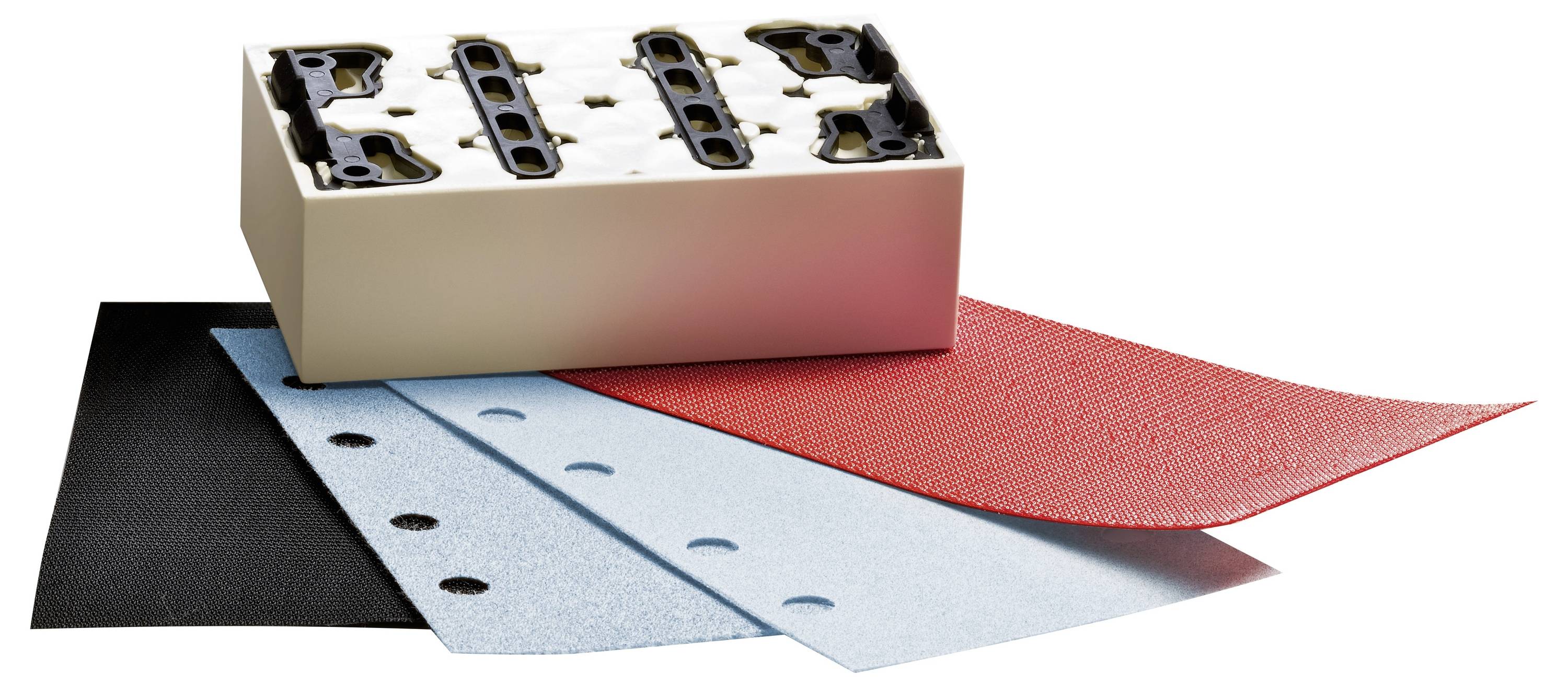 Un ensemble de feuilles de ponçage en noir, bleu et rouge avec un bloc de ponçage blanc sur le dessus, chaque feuille étant perforée pour un attachement facile.