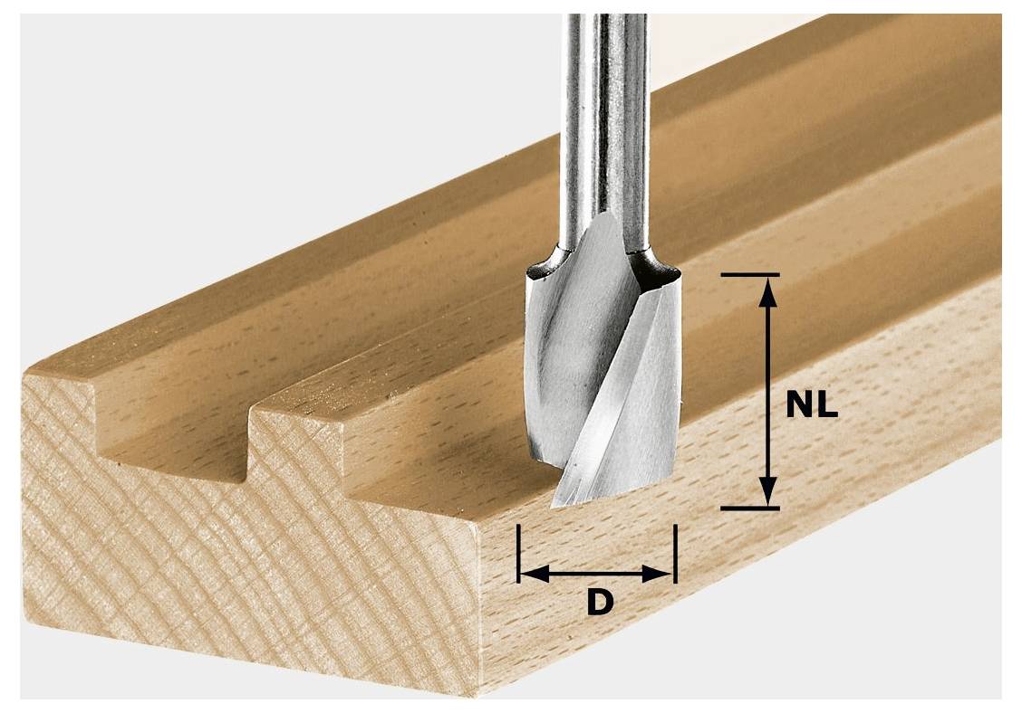 A drill bit cuts into a grooved wooden board. Two measurements are shown: 'NL' for the length of the bit, and 'D' for the diameter.