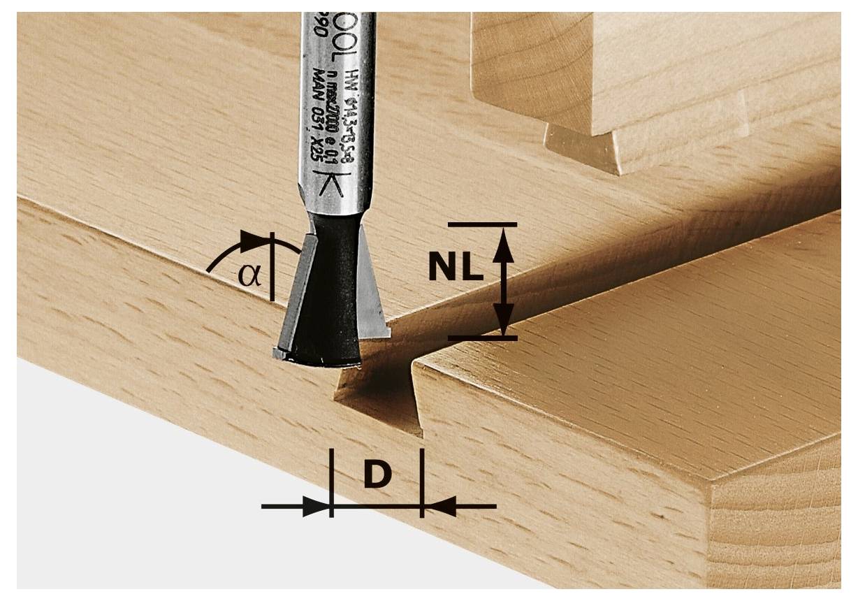 A woodworking router bit is aligned above a groove in a wooden board, with labels 'α', 'NL', and 'D' indicating measurement angles and distances.