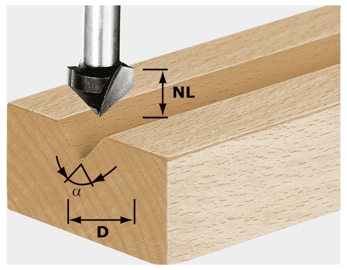Une fraise à bois coupant une rainure en V dans un bloc de bois. L'image montre l'angle « α », la profondeur de rainure « NL » et la largeur de rainure « D ».