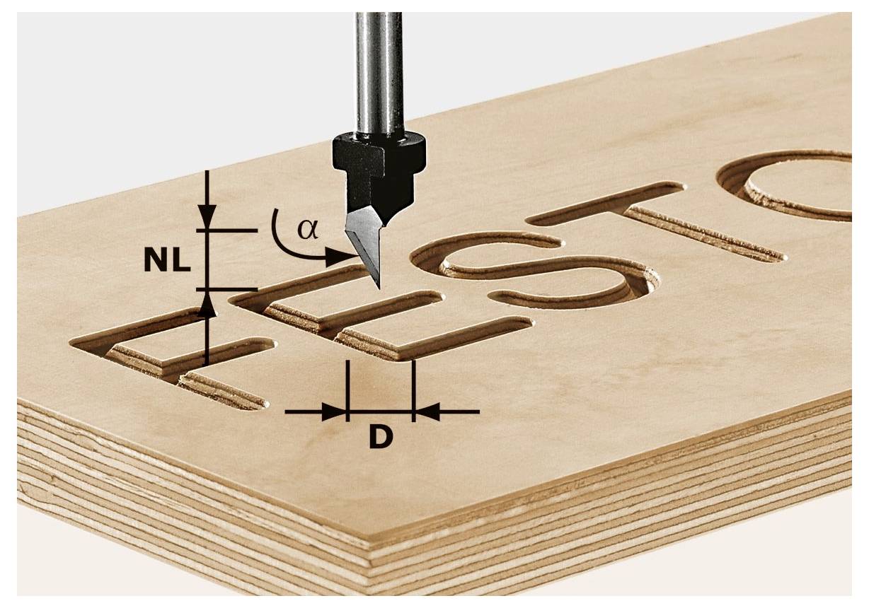 A close-up of a CNC machine carving the word 'TEST' into a wooden board. Technical angles and measurements are labeled on the design.