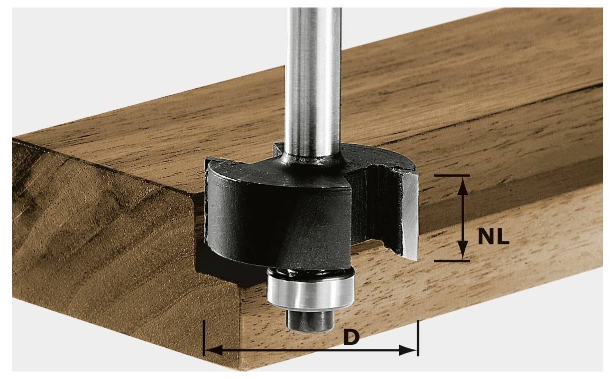 Un foret de routeur façonnant le bord d'une planche en bois. L'image indique les dimensions : R (rayon), D (diamètre) et NL (longueur du col).