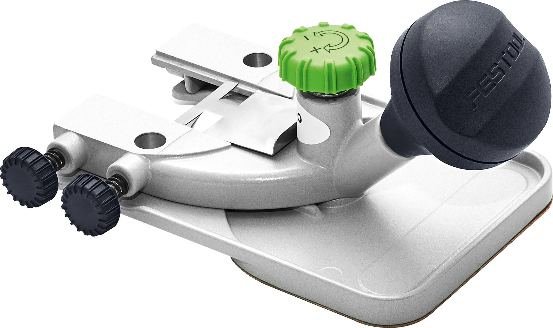 Ein silbernes Festool-Werkzeug mit einem grünen Einstellrad und einem großen schwarzen Griff, das für präzise Holzbearbeitung und Ausrichtung verwendet wird.