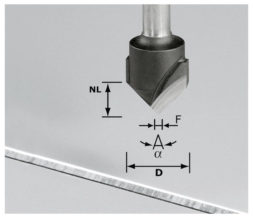 Mèche de routeur au-dessus d'une surface métallique, avec des dimensions étiquetées : « NL » pour la longueur, « F » pour la largeur, « α » pour l'angle, et « D » pour le diamètre.