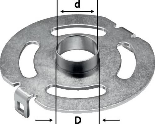 A round metal object with three oval holes and a central raised section. Two arrows labeled 'd' and 'D' indicate different diameters.