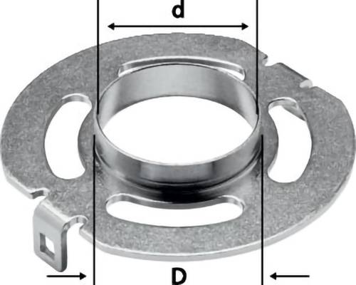 Eine runde Metallklammer mit Öffnungen und einem zentralen Ring. Pfeile oben und unten zeigen den Innendurchmesser „d