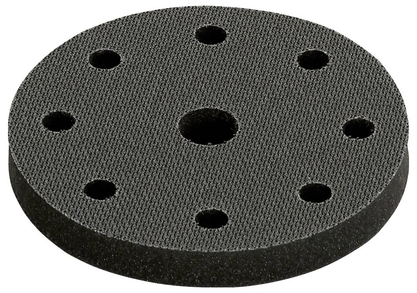 Un coussin en mousse noir, rond, présentant plusieurs trous uniformément espacés, est montré, pouvant être utilisé comme accessoire de ponçage ou tampon pour outils électriques.