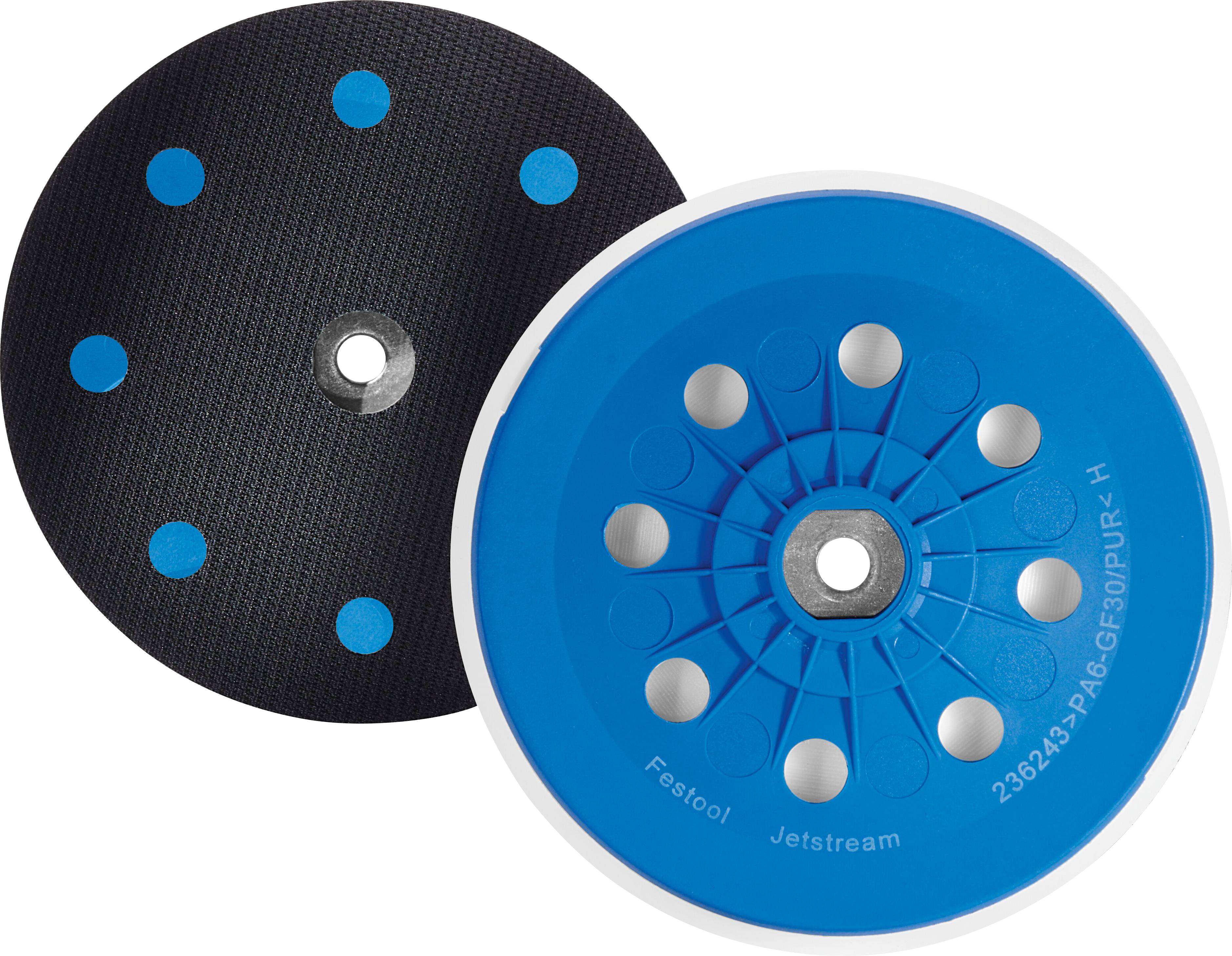 Ein Paar Festool Jetstream Schleifjaupen, eine blaue mit zentralem Loch mit radialen Löchern und eine schwarze mit Struktur aus kleinen Löchern.