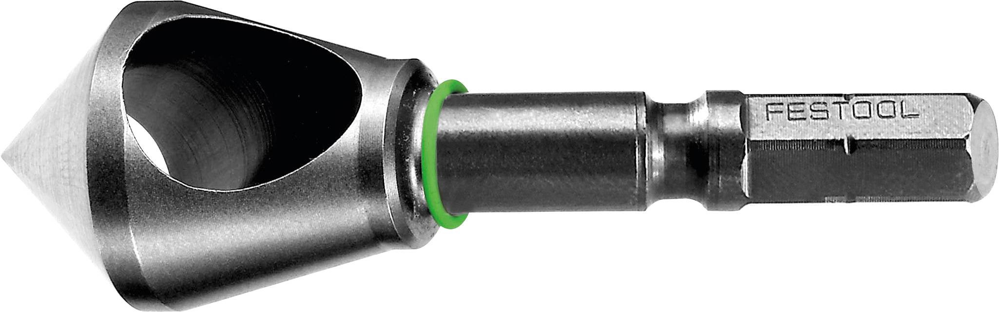 Ein Präzisions-Senker mit konischem Bohrmeißel und Sechskantschaft, geeignet für Holz und Metall, gekennzeichnet mit „FESTOOL