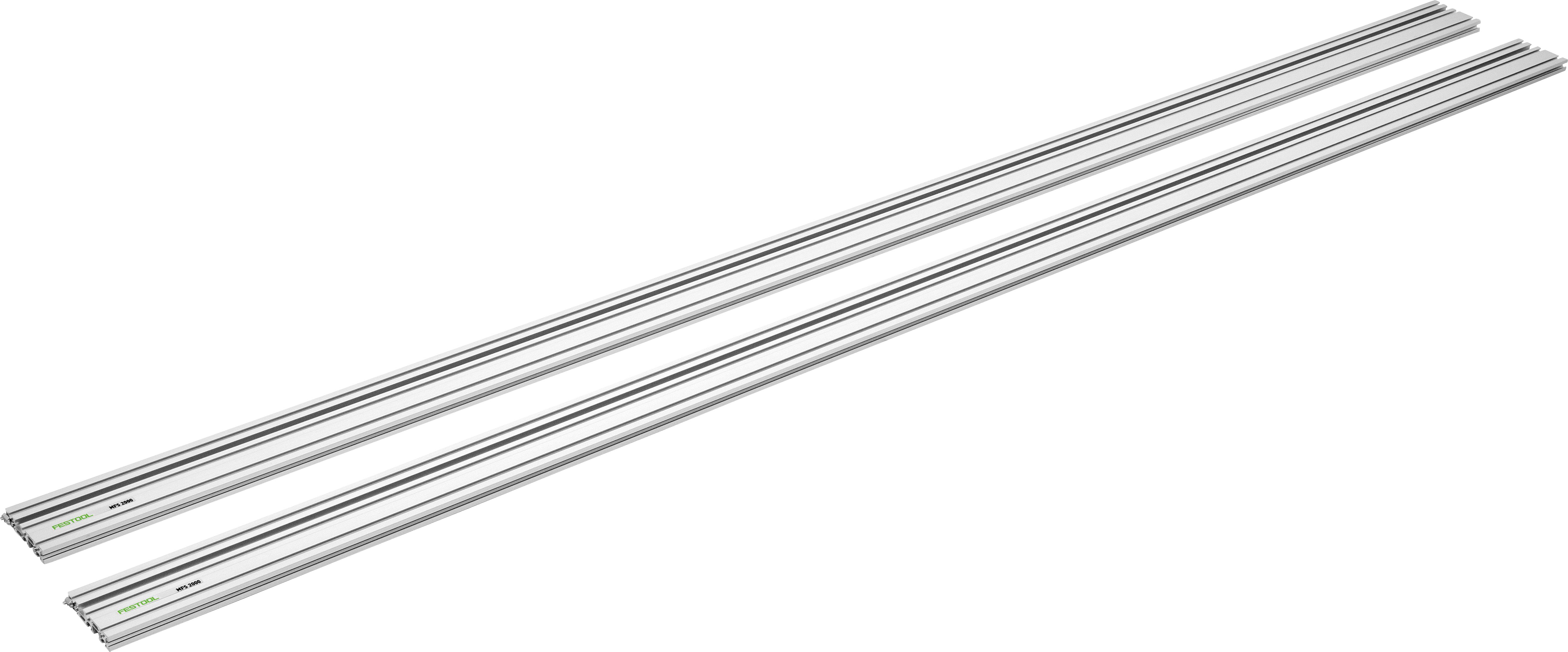 Zwei parallele Metallführungsschienen mit kleinem Logo oder Markierungen, die für Präzisions-Routingoder Gleitanwendungen verwendet werden.