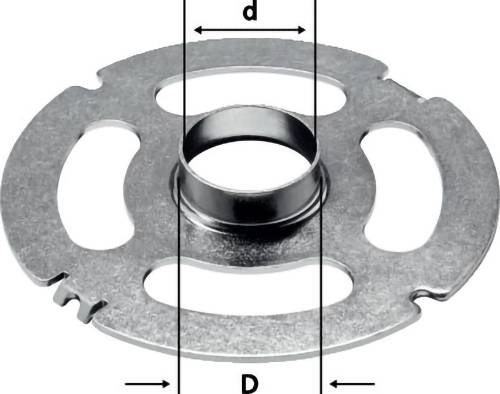 Metallscheibe mit großem zentralen Loch (D) und innerem Ring (d); mit drei länglichen Aussparungen und einer kleinen Kerbe am Rand.