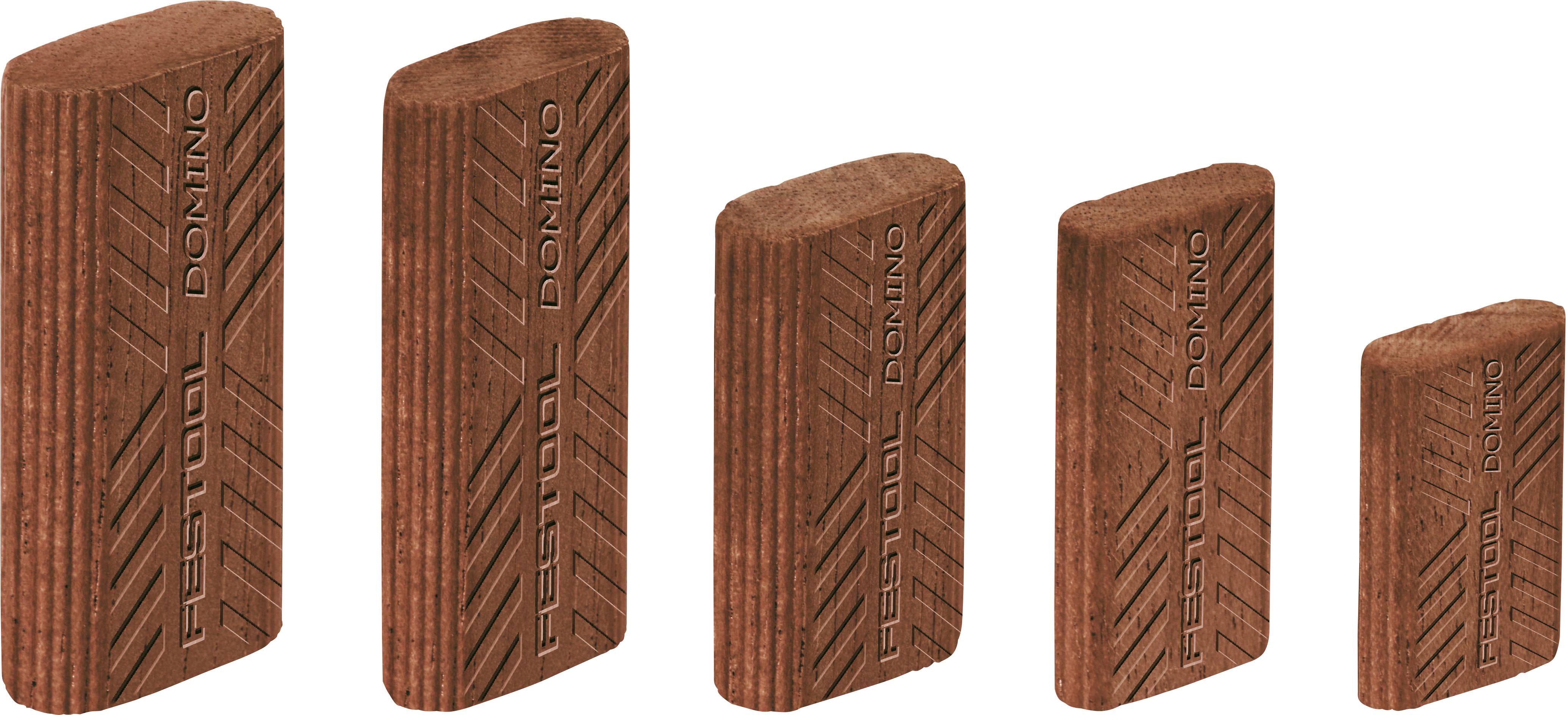 Fünf braune Festool DOMINO Holzdübel in verschiedenen Größen stehen aufrecht und zeigen den Markennamen und ein strukturiertes Muster.