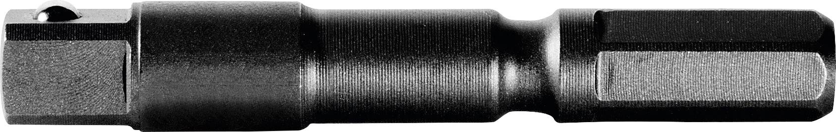 Ein Metallsteckadapter mit einer sechseckigen Form an einem Ende und einem Vierkantantrieb am anderen Ende, der zum Verbinden verschiedener Werkzeugtypen verwendet wird.