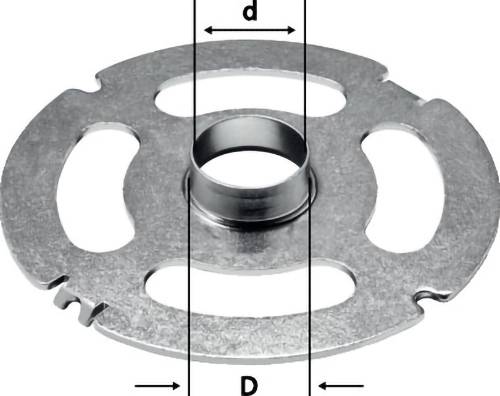 Eine metallische Kreisscheibe mit einem zentralen Loch, umgeben von drei ovalen Ausschnitten. Mit 'd' für den Innendurchmesser und 'D' für den Außendurchmesser gekennzeichnet.