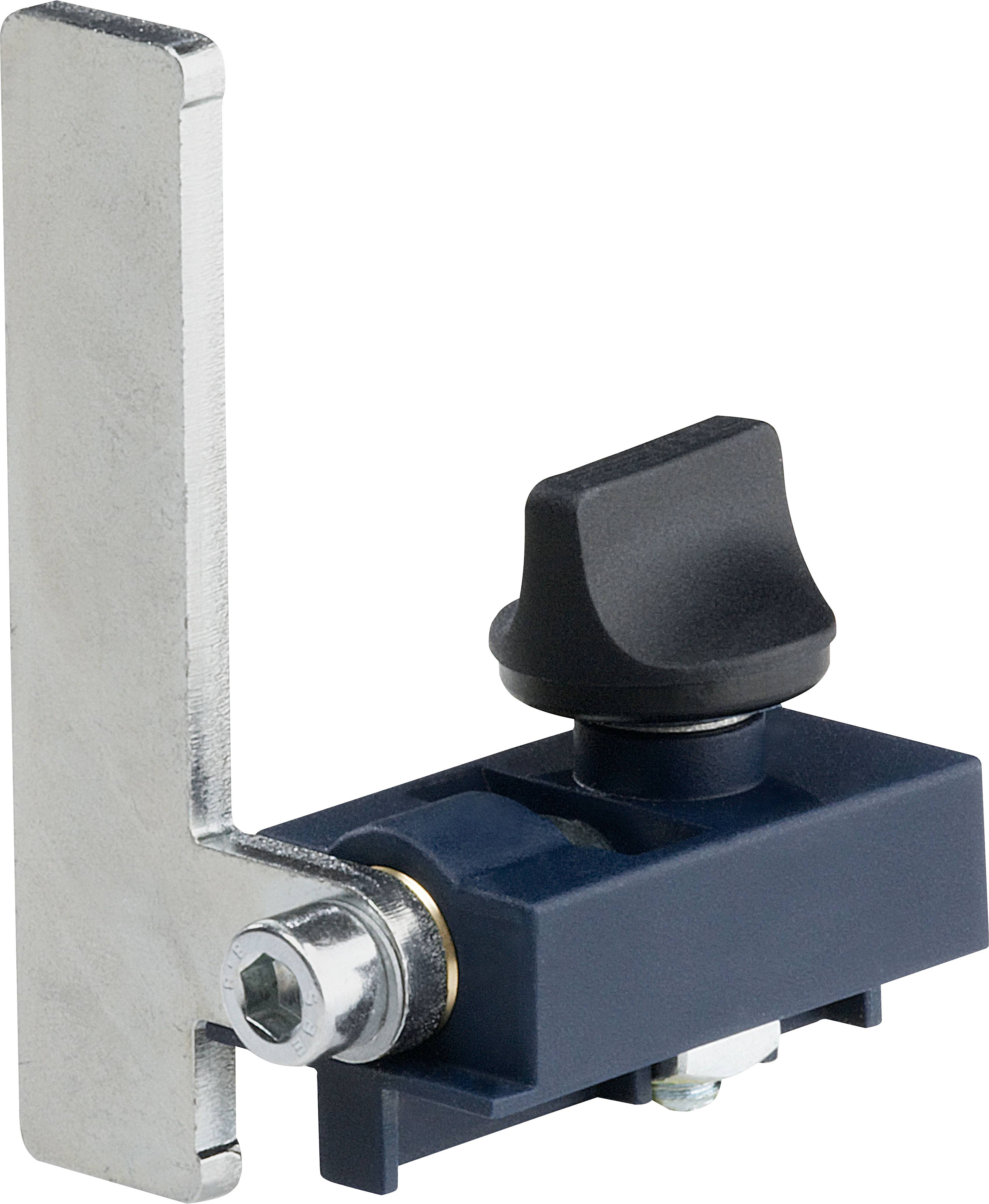 Ein schwarzer und silberner manueller Verschlussmechanismus mit einem vertikalen Metallgriff und einem Drehknopf, der zum Sichern von Türen oder Paneelen verwendet wird.
