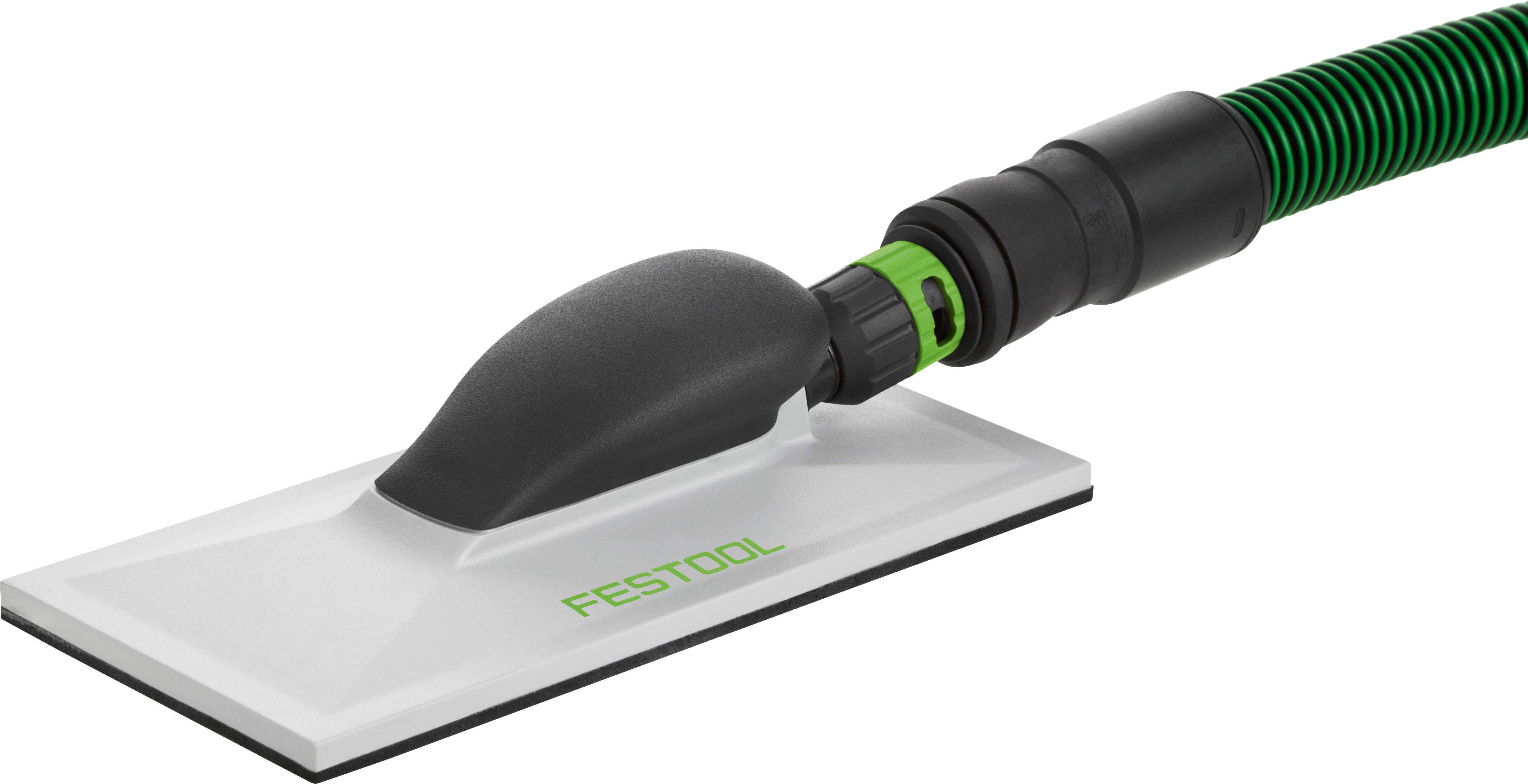 Ein rechteckiger Schleifsockel mit schwarzem Griff und angeschlossener grüner Schlauch, Marke 'Festool'.