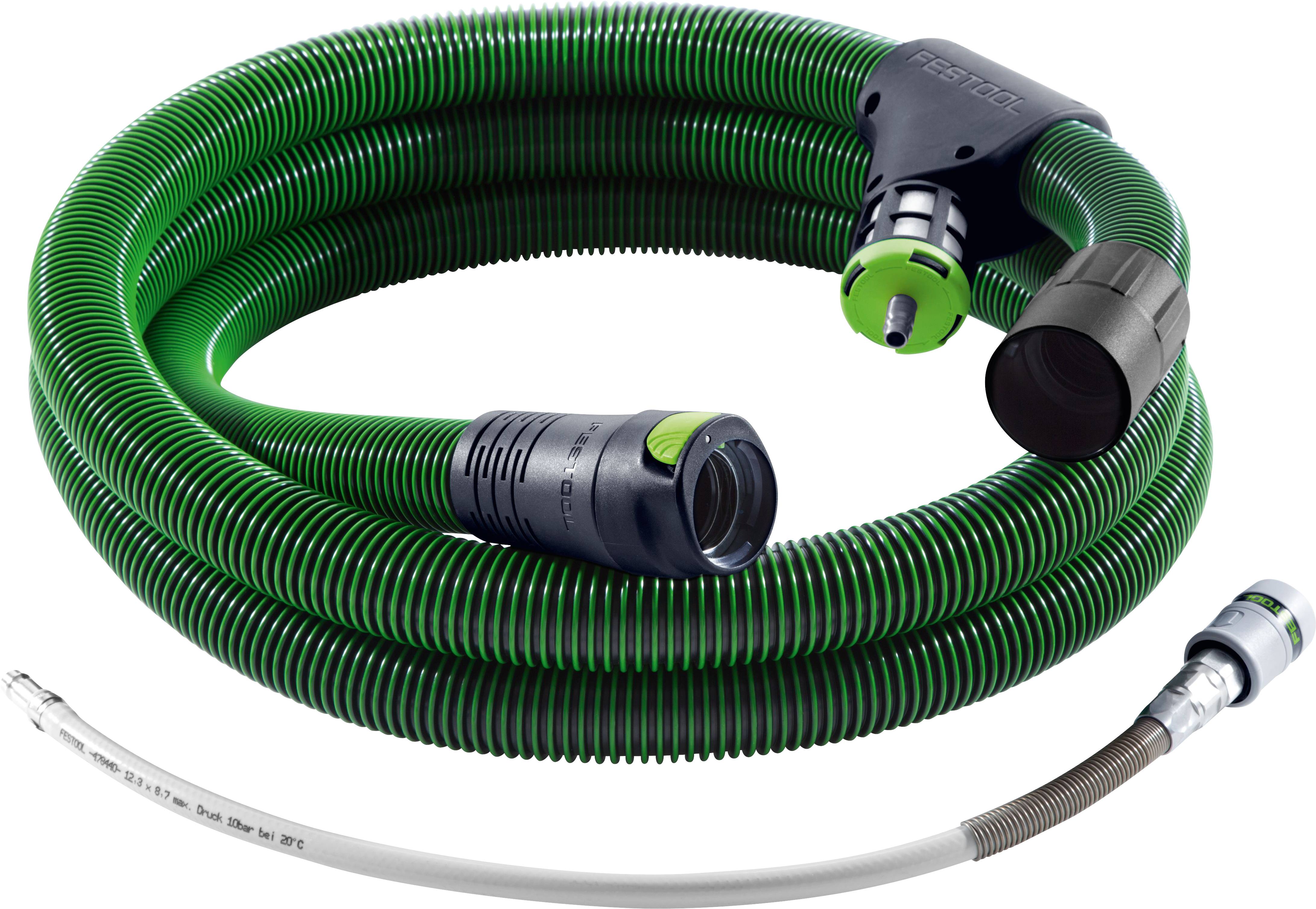 A coiled green hose with black and silver connectors, designed for use in vacuum systems.