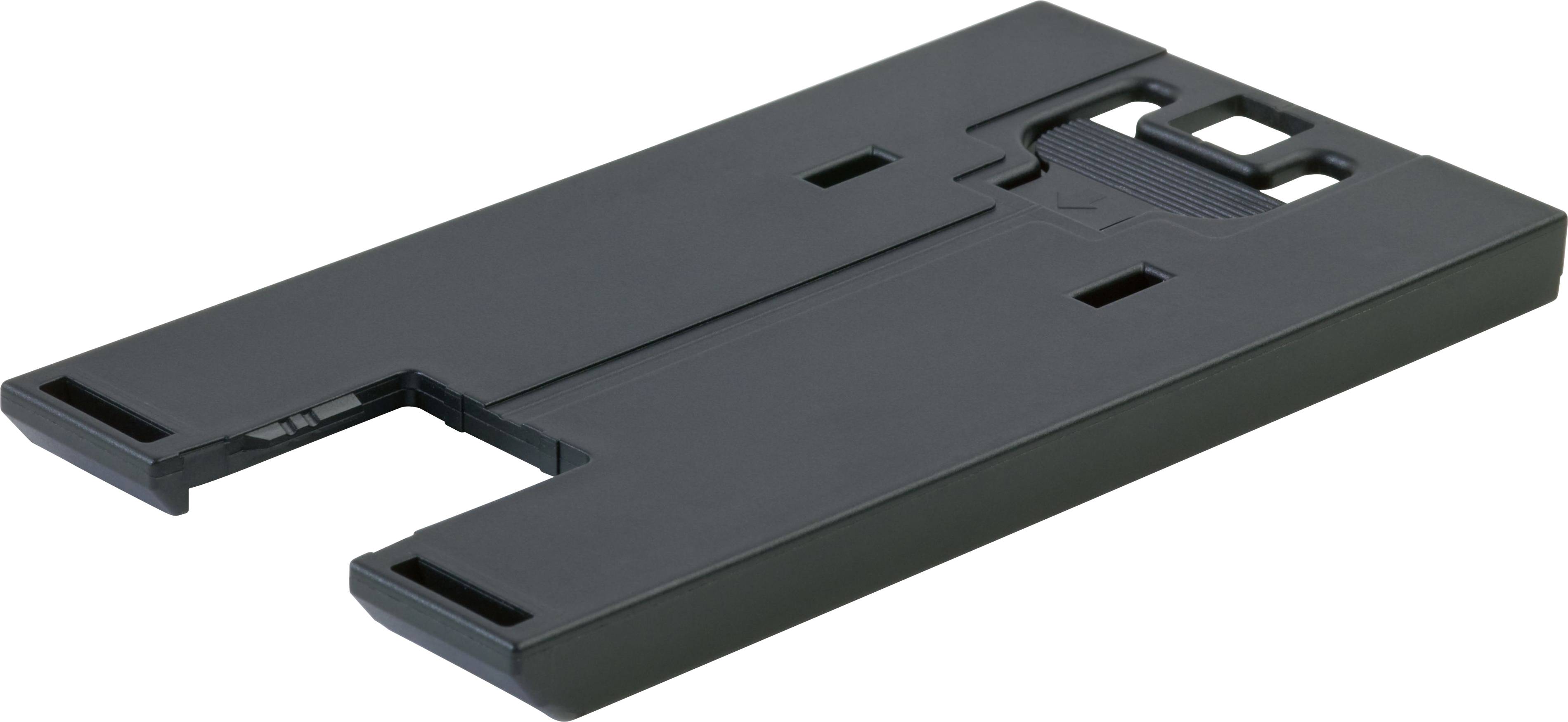 Black plastic bracket with a rectangular shape, featuring slots and a raised section for mounting or securing components.