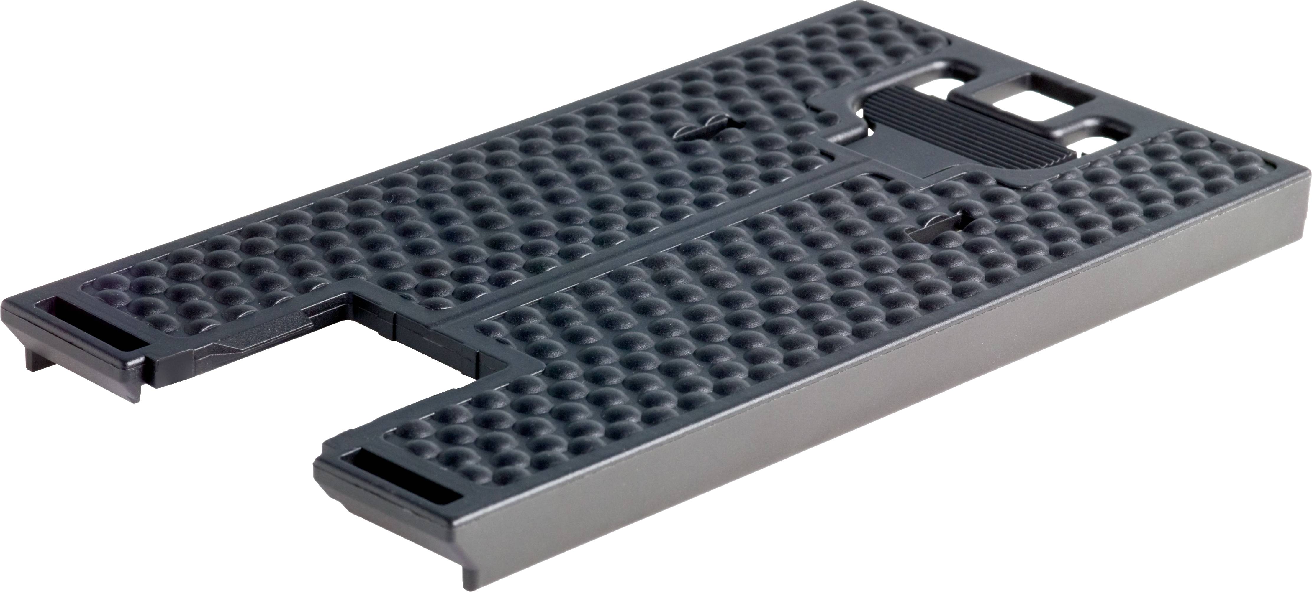 Ein schwarzes, strukturiertes Tablett mit rechteckiger Form und mehreren kleinen Vertiefungen zum sicheren Halten von Objekten.