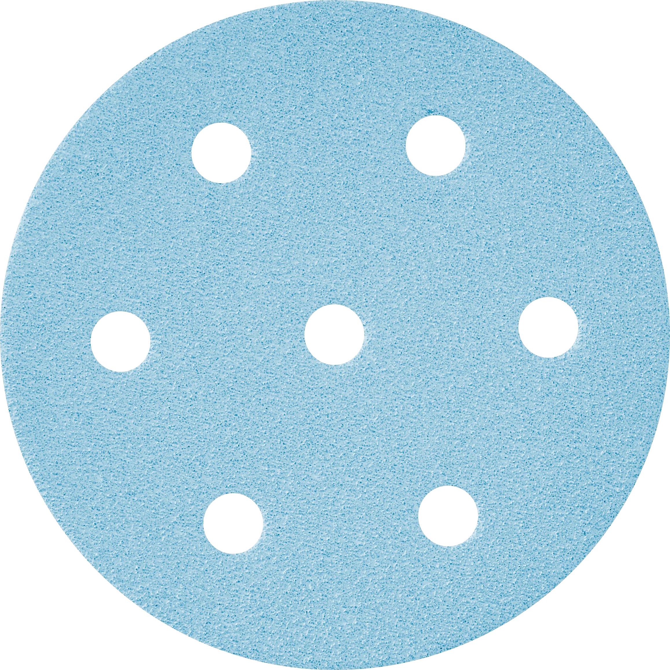 A round blue sandpaper disc with seven evenly spaced holes used for sanding surfaces.