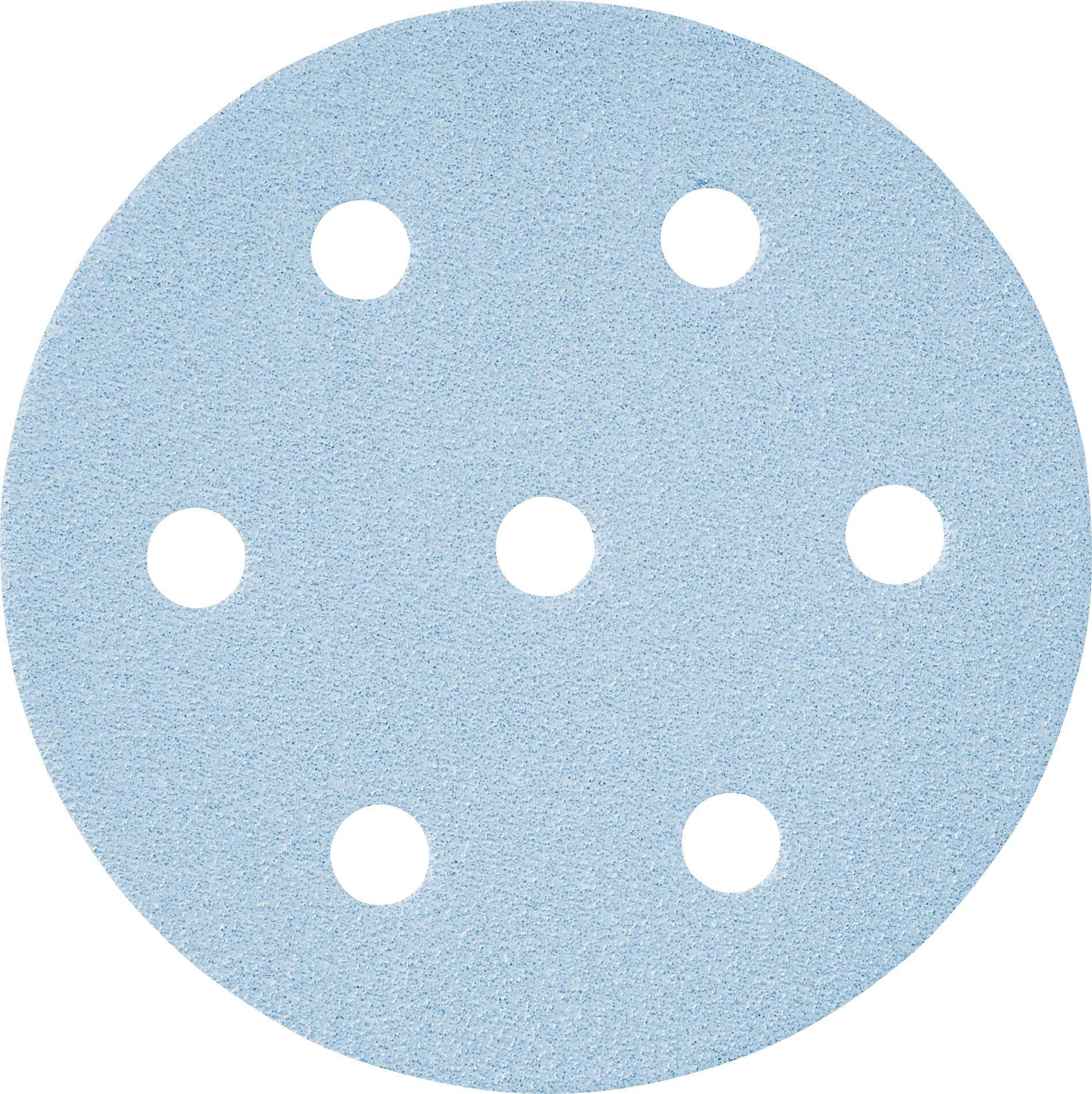 Un disque de ponçage abrasif bleu clair rond avec sept trous espacés régulièrement.