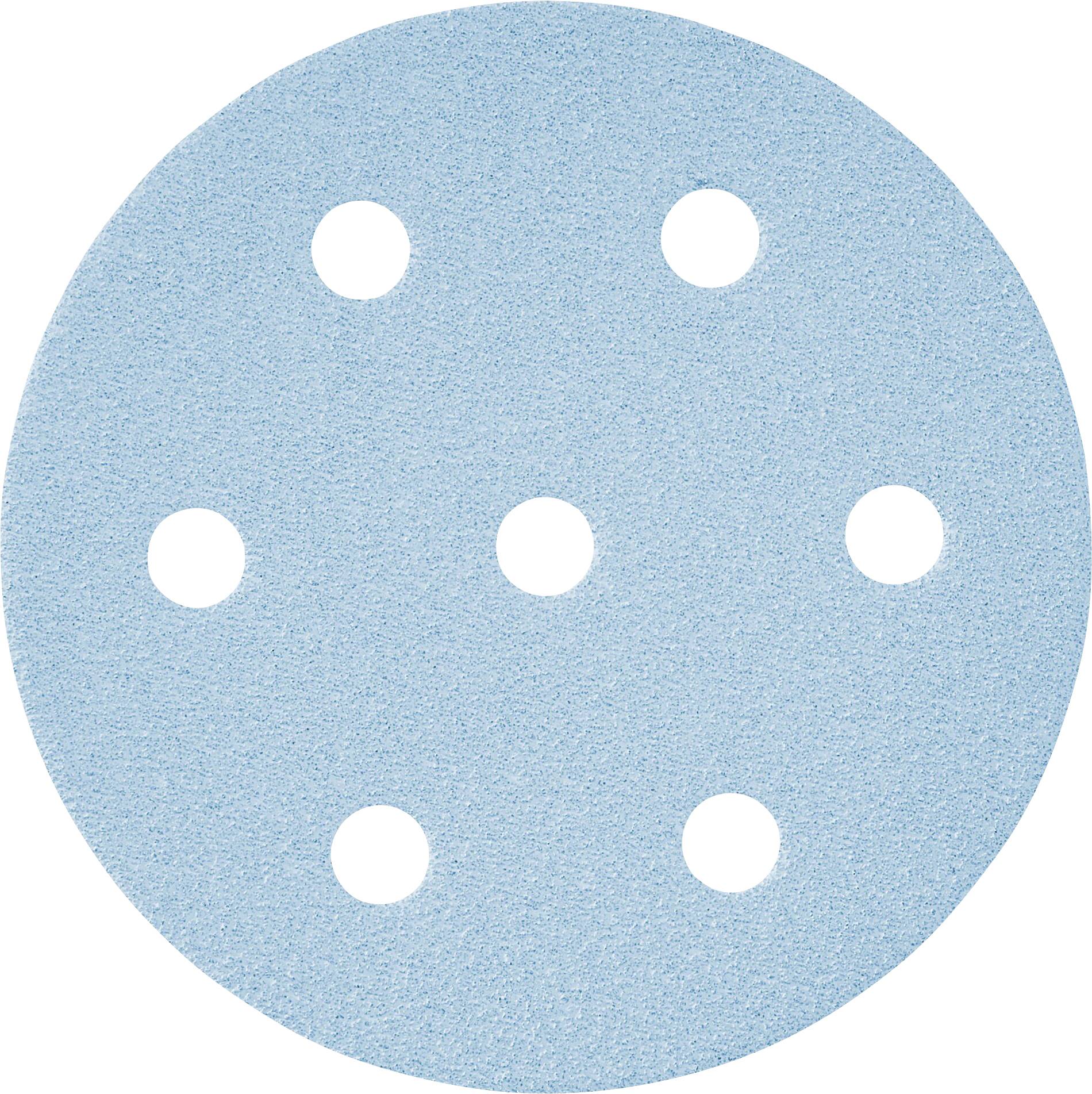Un disque de papier de verre rond et bleu avec sept trous espacés régulièrement utilisé pour poncer les surfaces, améliorant l'extraction de la poussière et l'efficacité.
