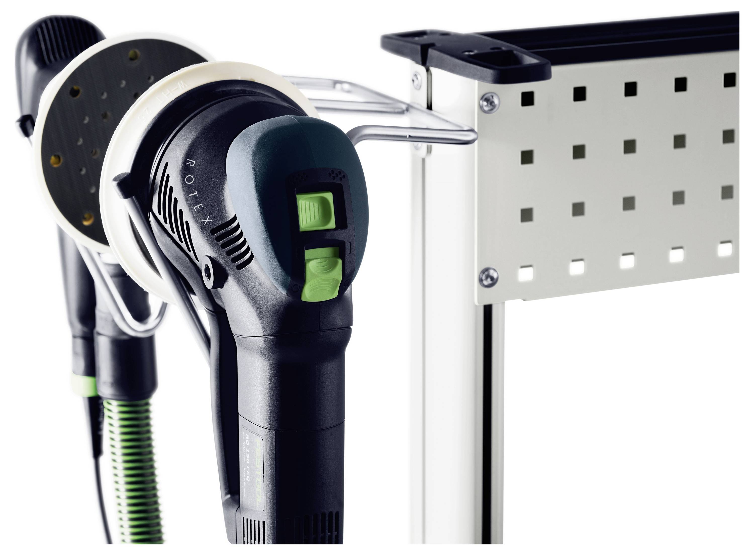 An electric sander with a green button is attached to a workbench, highlighting its compatibility with the setup.