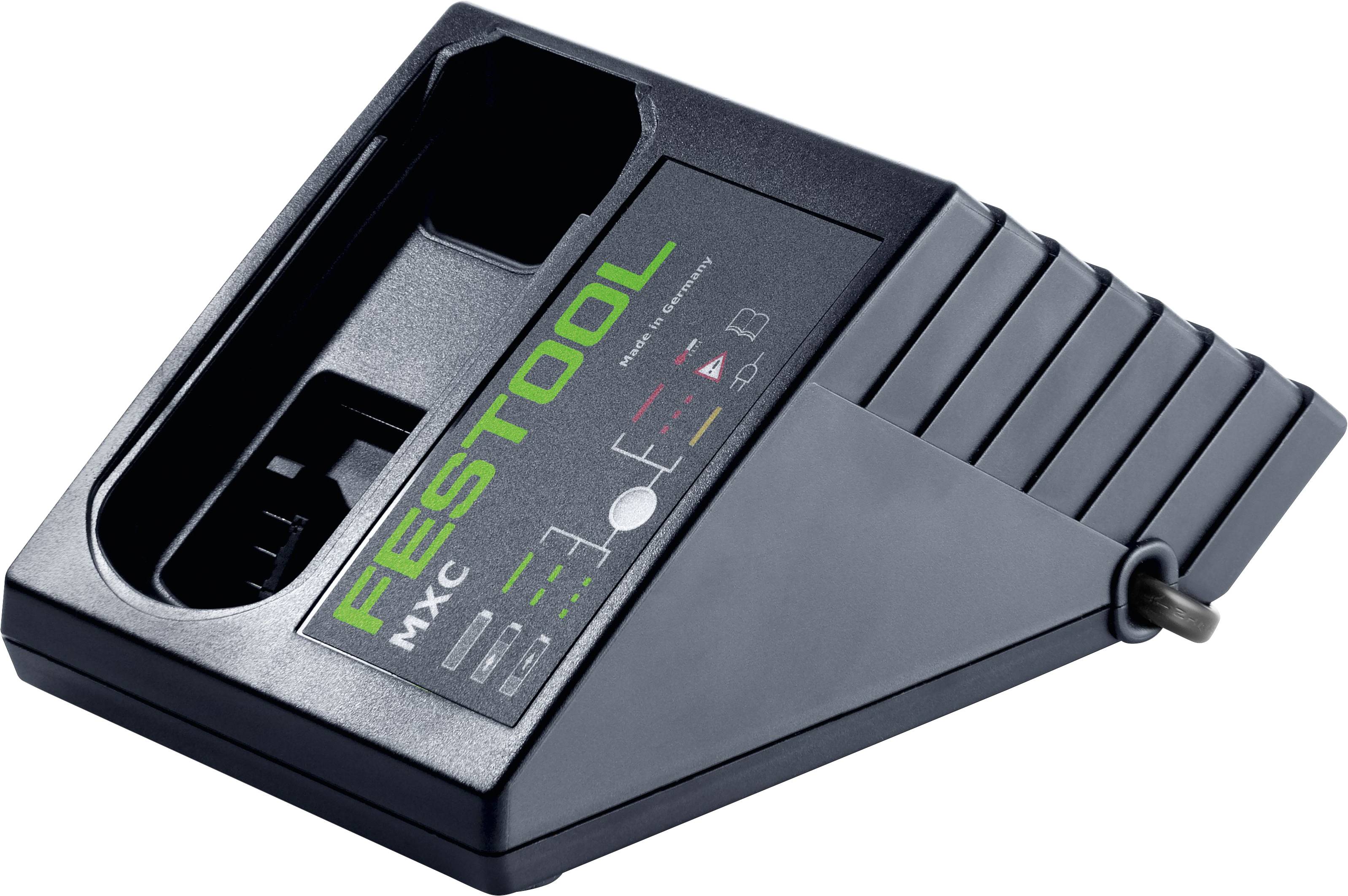 „Festool MXC Batterieladegerät, schwarz mit abgewinkeltem Design, mit Statusanzeigen und grünem Markenlogo auf der Oberseite.