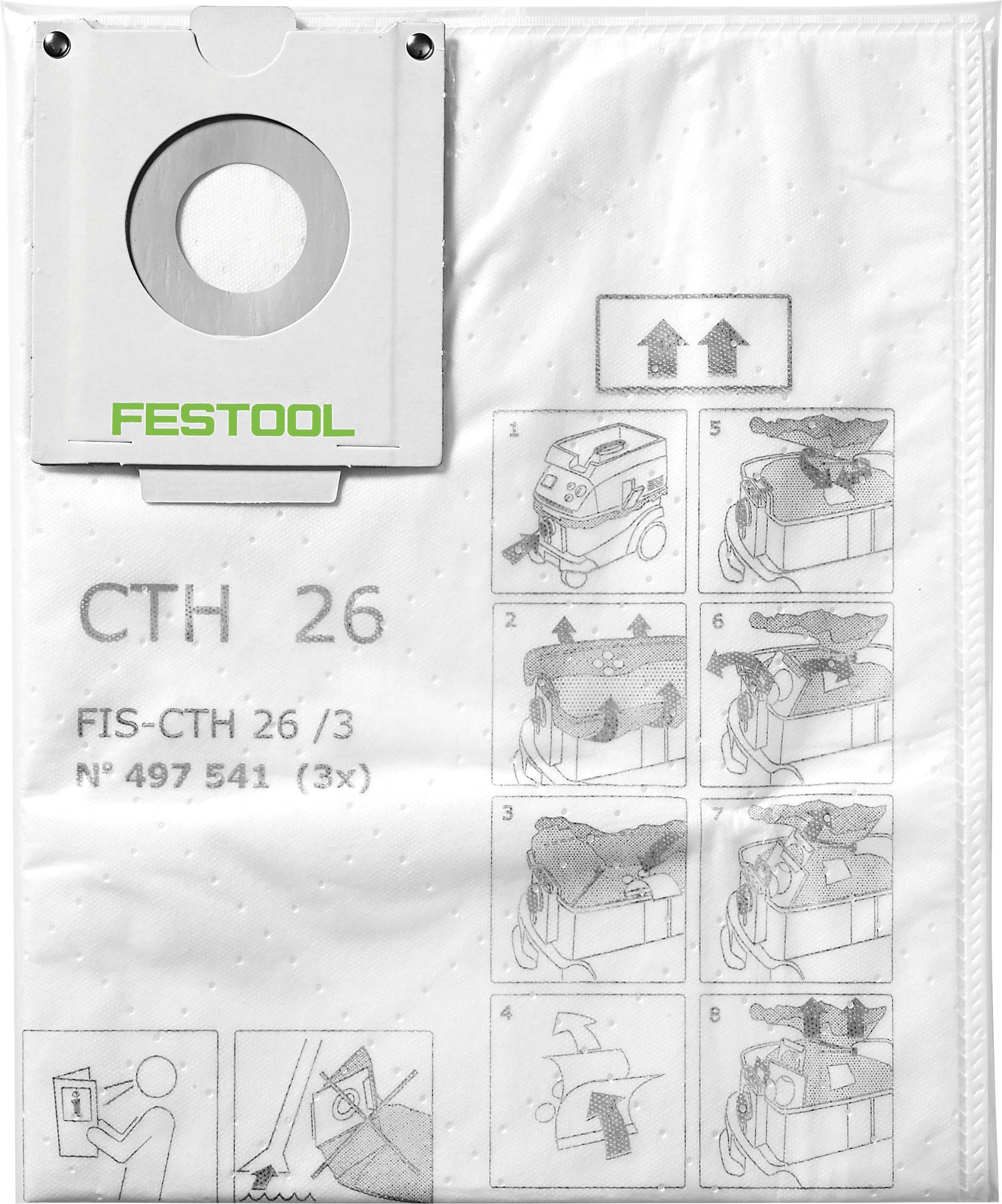 Festool-Staubsack mit bebilderten Anweisungen zur Installation in einem CTH-26-Modell. Zeigt Schritt-für-Schritt-Anleitung zum Anbringen und Positionieren.