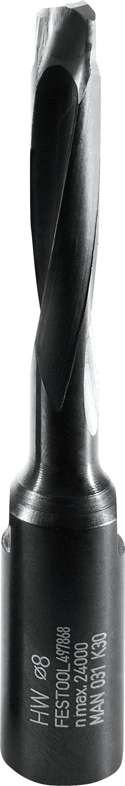 Eine Nahaufnahme eines schwarzen Bohrers mit eingravierter Spezifikation, die sein zylindrisches und spiralförmiges Design zeigt, verwendet für präzise Bohraufgaben.