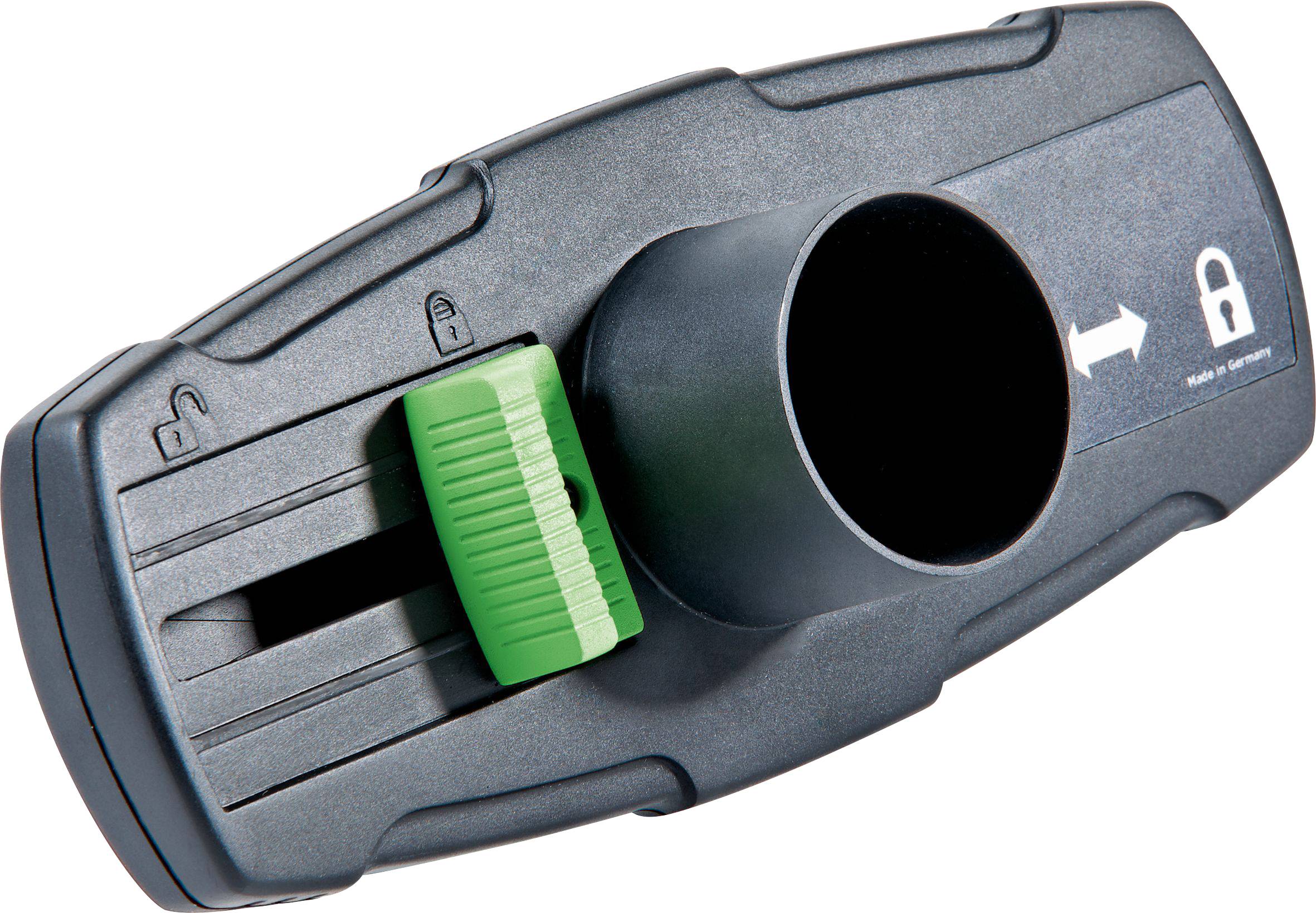 A black and green lock mechanism, featuring an adjustable slider with a green grip and lock symbols indicating locked and unlocked positions.