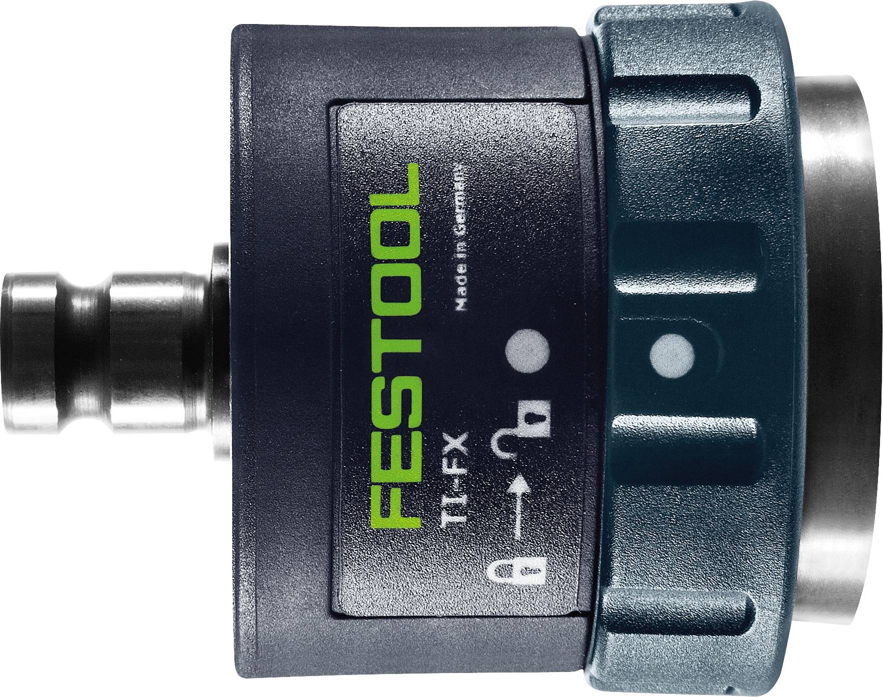 Festool TI-FX Schnellwechseladapter in dunklem Blau mit metallischen Elementen, auf der Seite das Label „Made in Germany