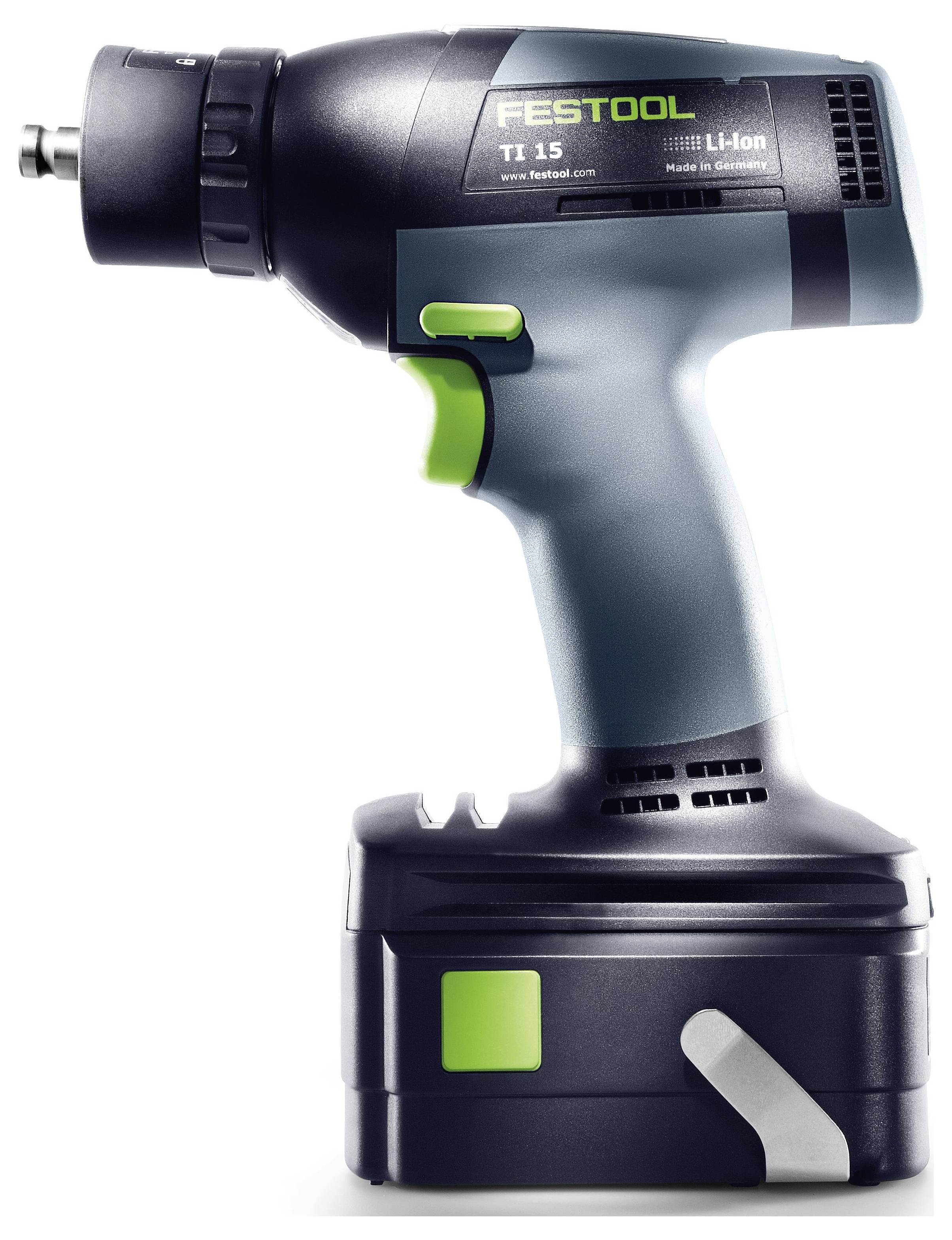 Perceuse sans fil de profil, avec les étiquettes « Festool Ti 15 » et « Li-Ion » sur le côté, mettant en évidence un design élégant et une poignée de prise robuste.