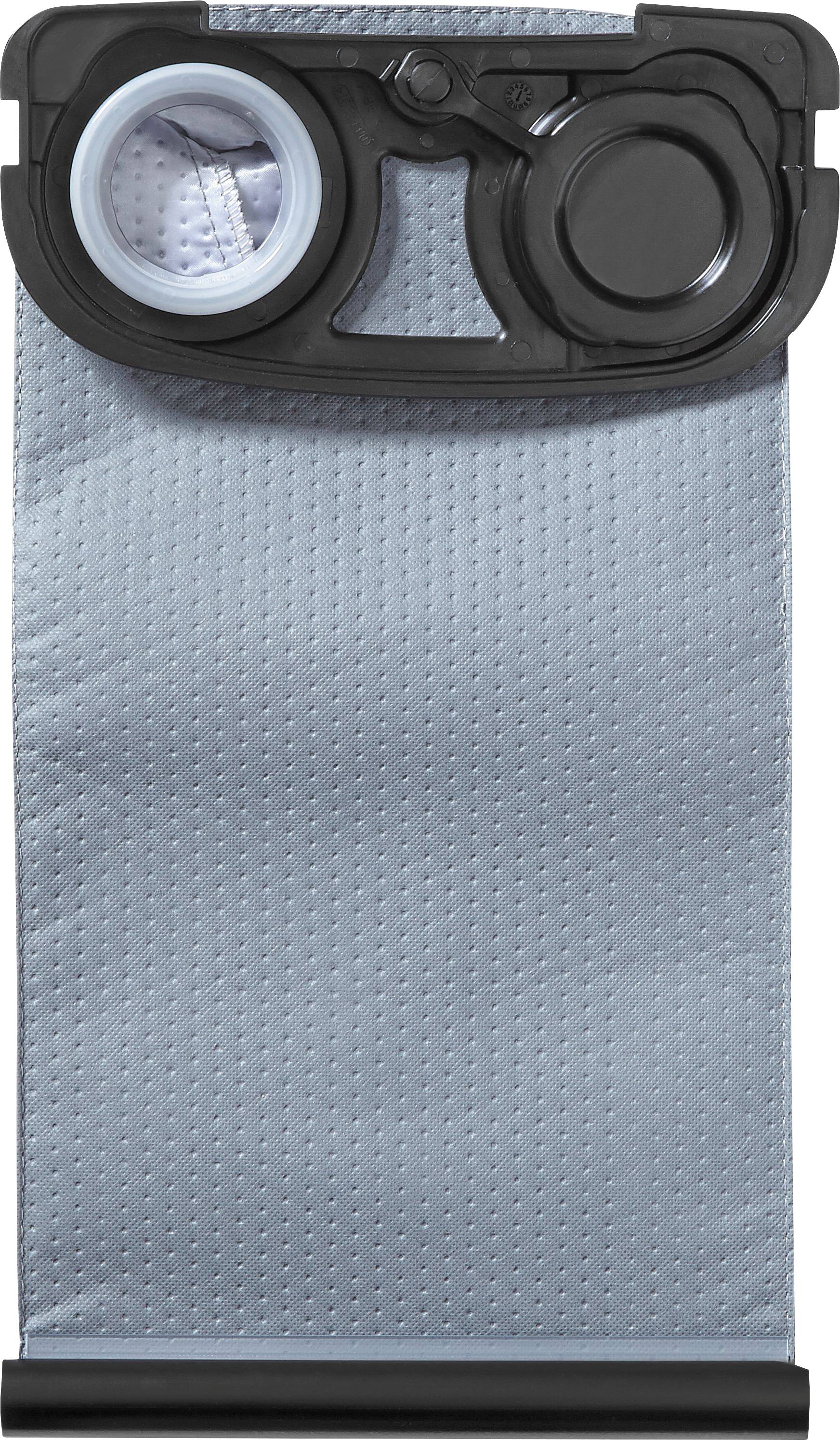 A gray vacuum cleaner dust bag with a plastic attachment point at the top showing filter material inside.
