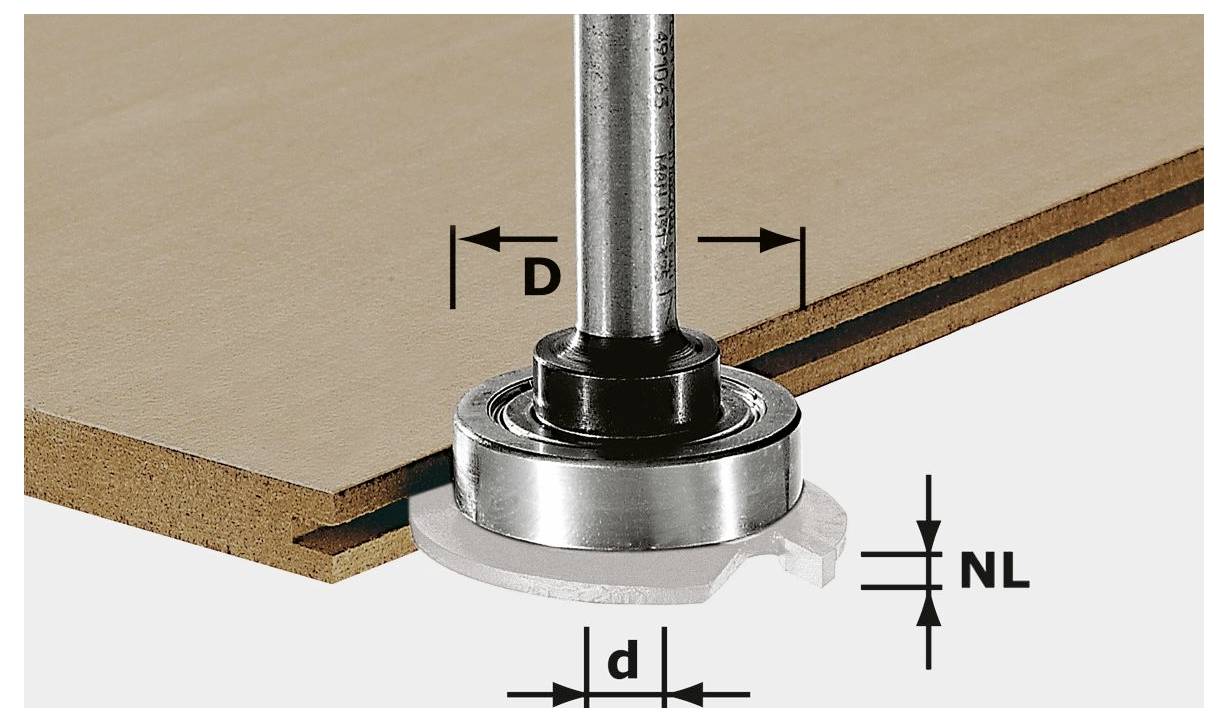 Un foret de routeur coupant une rainure dans une planche en bois. Le diagramme montre « D » et « d » mesurés comme des diamètres, « NL » représentant la profondeur de la rainure.