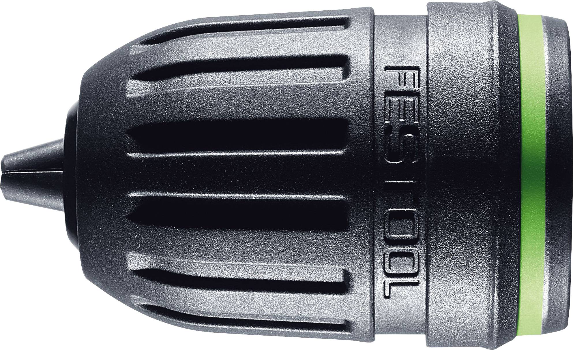 A dark gray Festool drill chuck with a green accent, featuring grooved grips and the 'Festool' brand name embossed on the side.