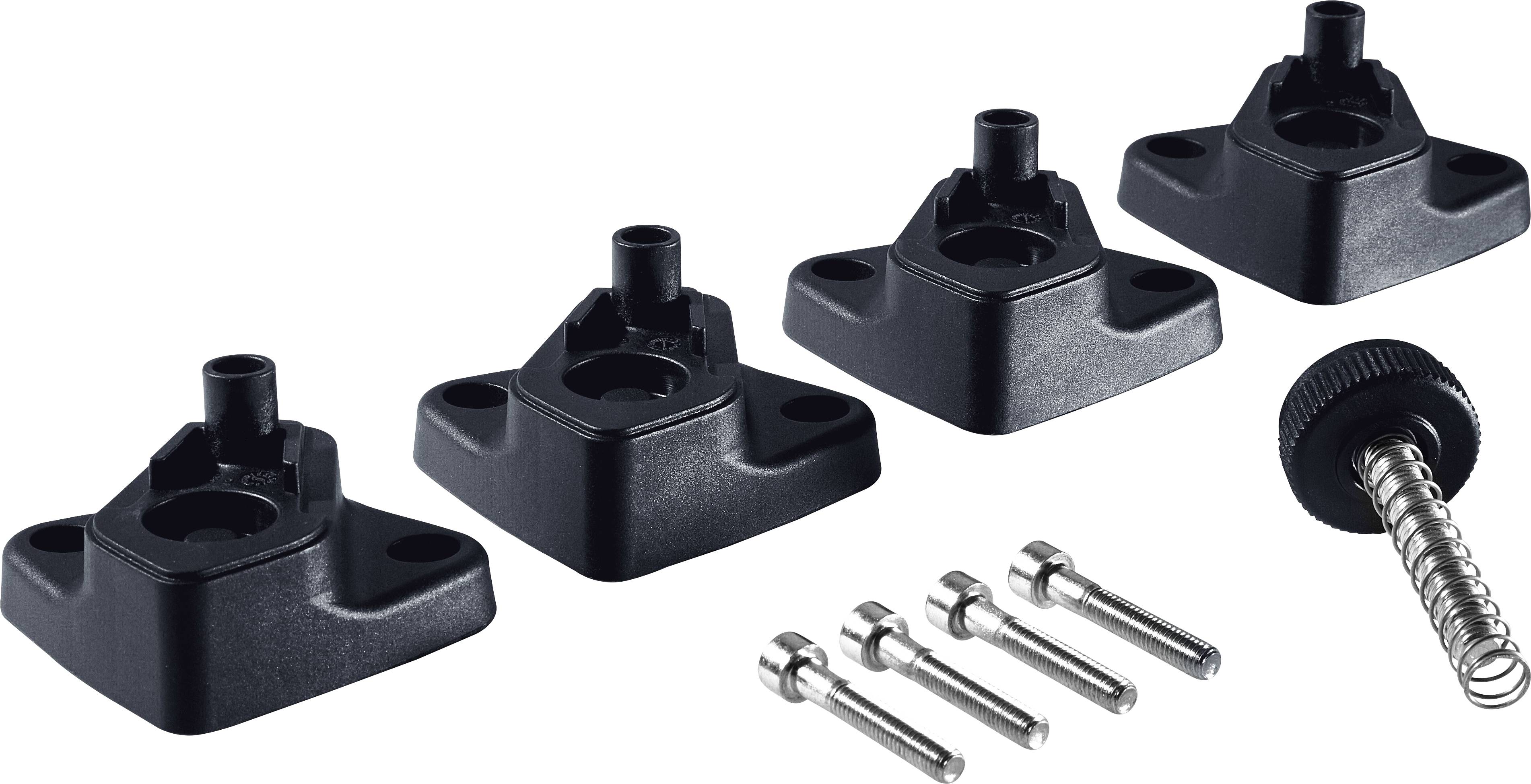 Four black mounting brackets with screws and a spring-loaded knob, used for securing electronic equipment.