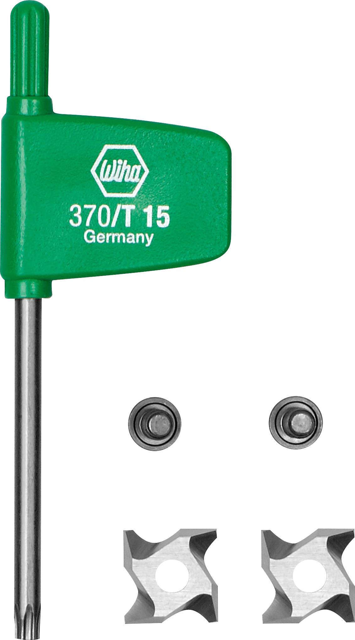Ein grüngriffiger Wiha T15 Torx-Schlüssel mit der Aufschrift „370/T 15 Germany