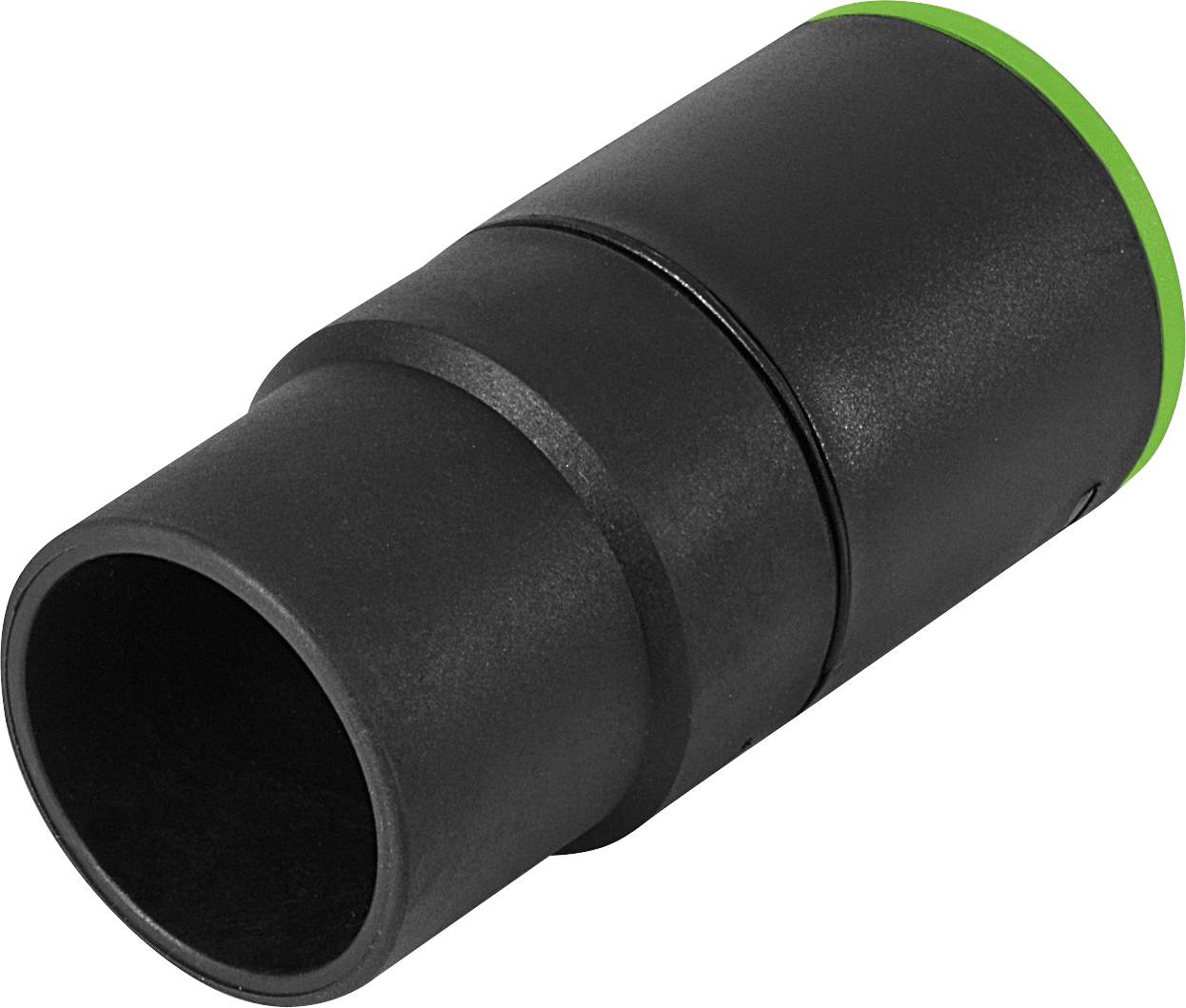 Ein schwarzer zylindrischer Adapter mit einem grünen Ring an einem Ende, wahrscheinlich verwendet, um Vakuumkomponenten oder ähnliche Schläuche zu verbinden oder anzubringen.