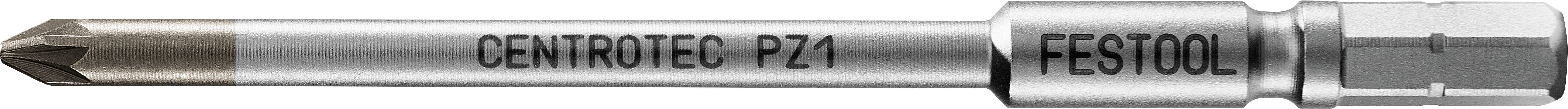 A close-up of a metallic drill bit labeled 'Centrotec PZ1 Festool', showcasing its tip and hexagonal base for a tool fitting.