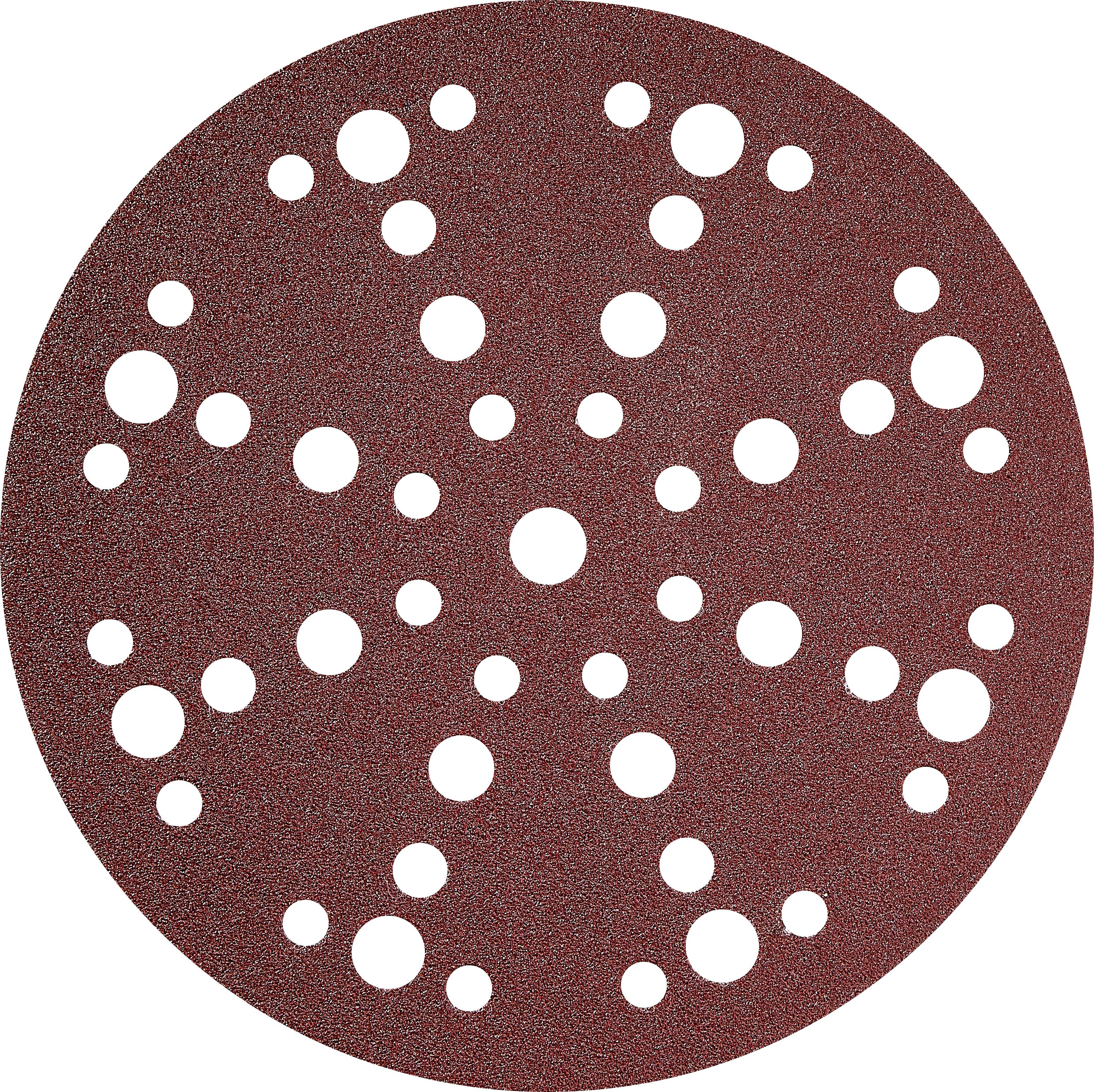 A circular sandpaper disc with multiple holes of varying sizes for dust extraction, used for electric orbital sanders.