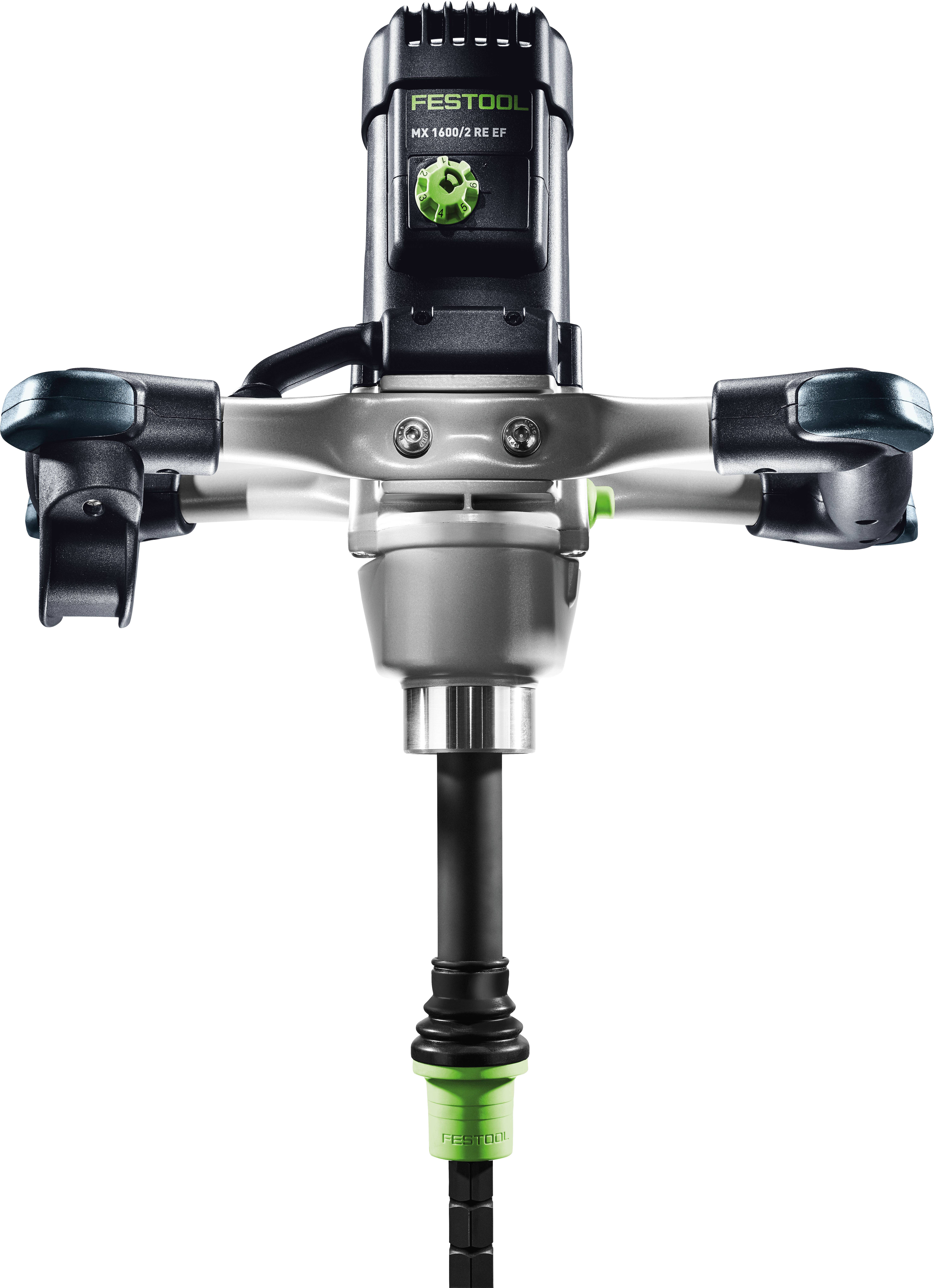 Eine Nahaufnahme eines Festool-Elektrowerkzeugs-Mischers mit doppelten Griffen und sichtbarem Bohraufsatz, das zum Mischen von Verbindungen oder Materialien verwendet wird.