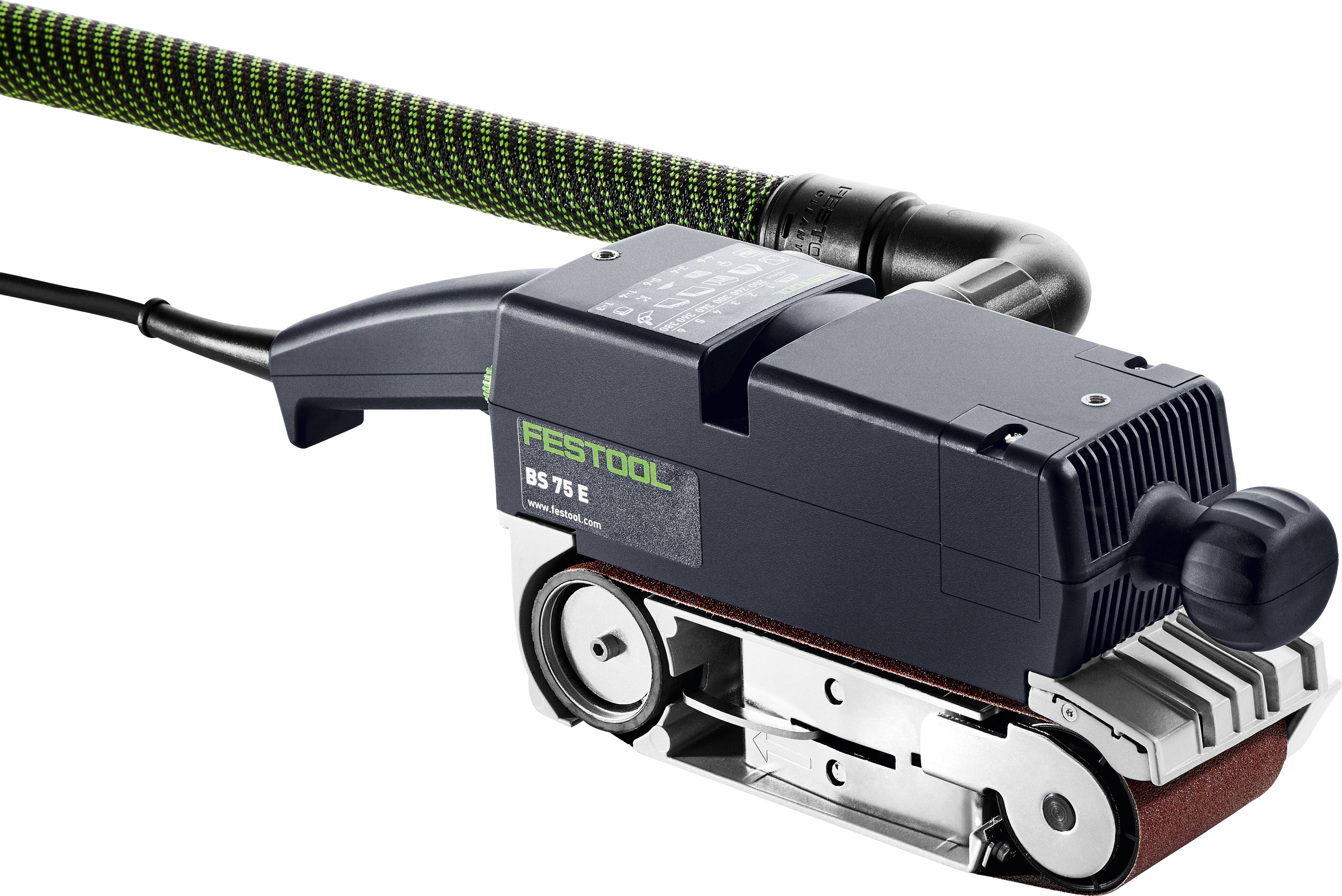 Eine schwarze Festool-Staubhaube mit metallischer Klemme, entwickelt für effiziente Staubabsaugung in Werkzeugmaschinen.