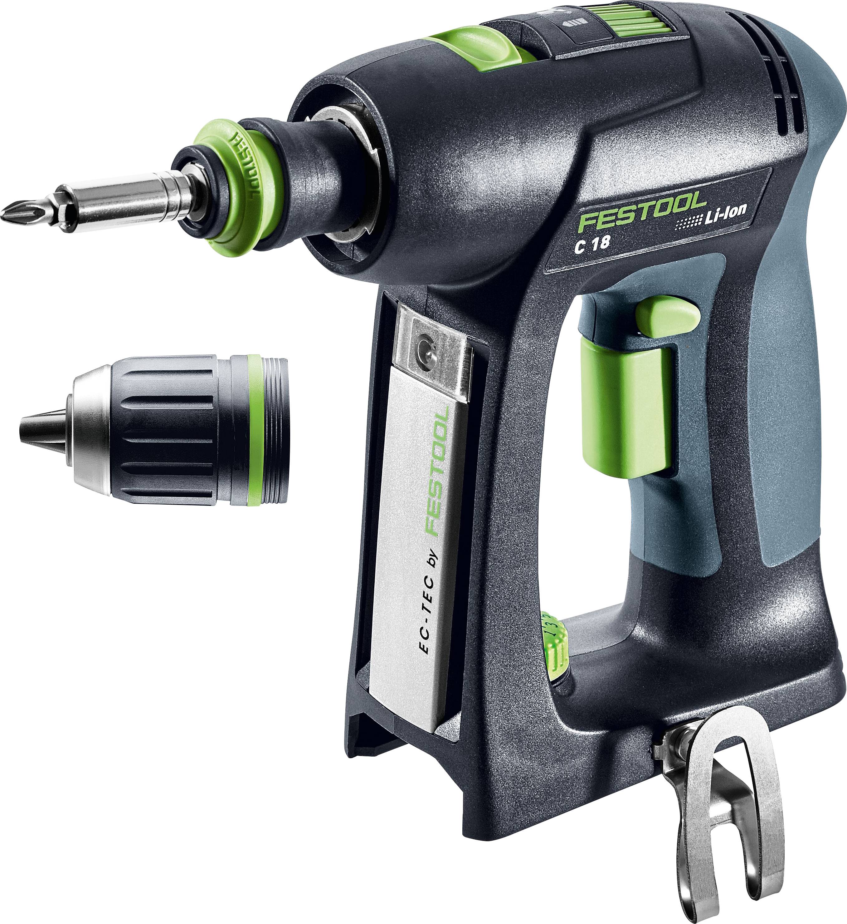 Kabelloser Bohrer mit angebrachtem Aufsatz und abnehmbarem Bohrfutter. Ausgestattet mit grün-schwarzem Design und „Festool C 18 Li-Ion
