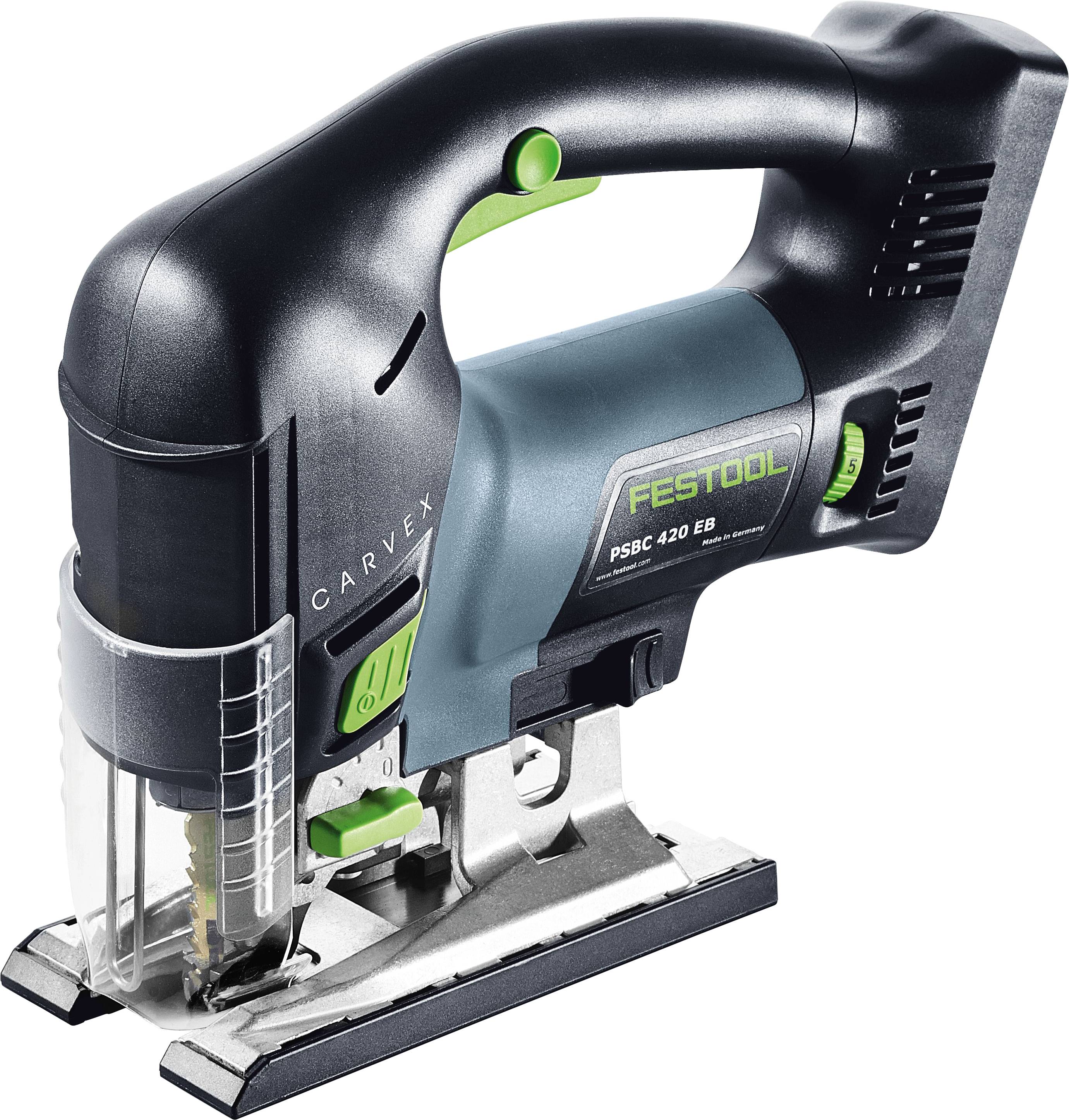 Eine kabellose Stichsäge mit schwarzem und grauem Design, mit grünen Akzenten und einem transparenten Schutzblech, mit der Marke 'Festool'.