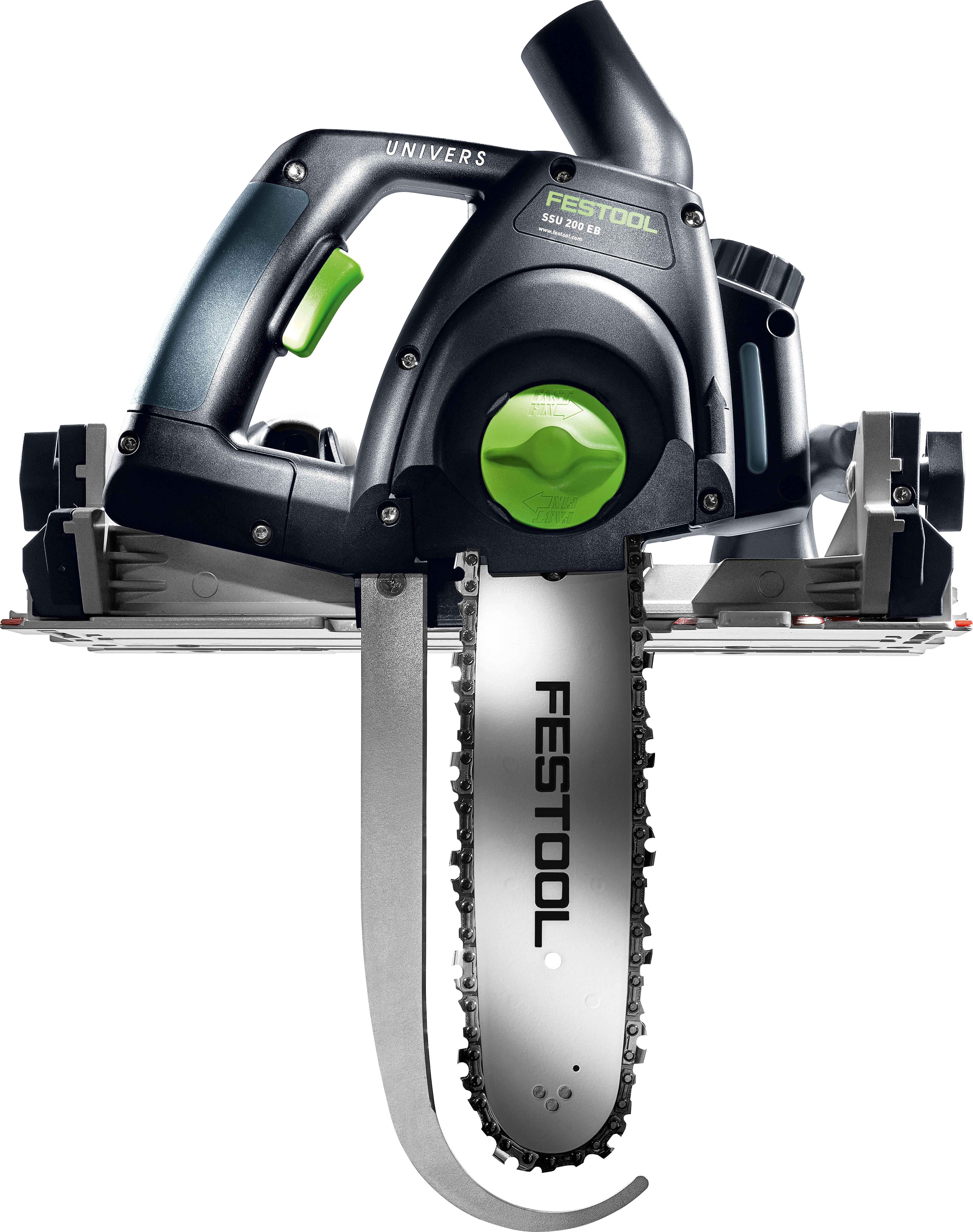 Ein Elektrowerkzeug, speziell eine Festool-Kettensäge, mit grüner Akzentuierung, die ihr Metallblatt prominent im Vordergrund zur Schau stellt.