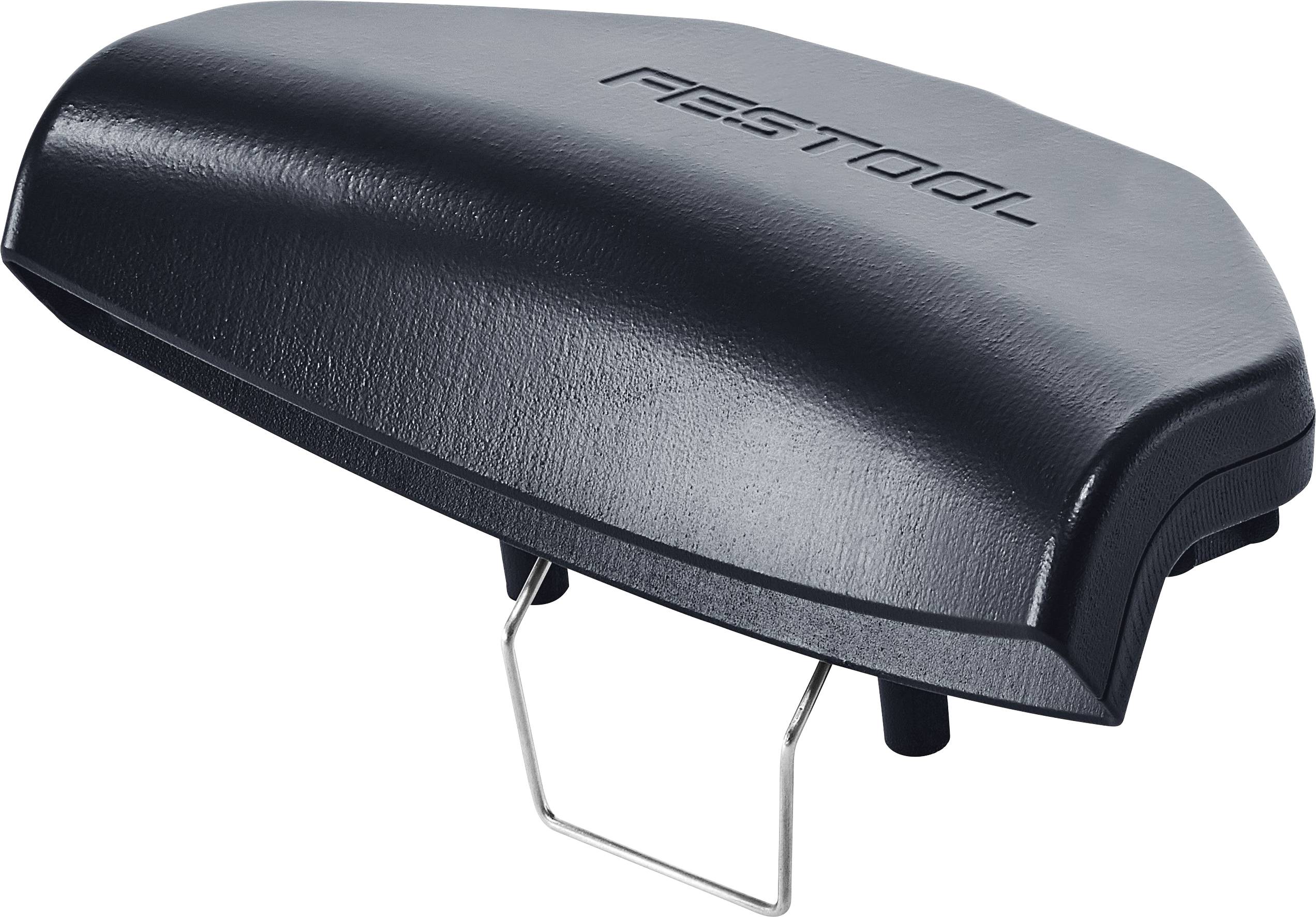 A black Festool dust hood attachment with a metallic clip, designed for efficient dust extraction in workshop tools.
