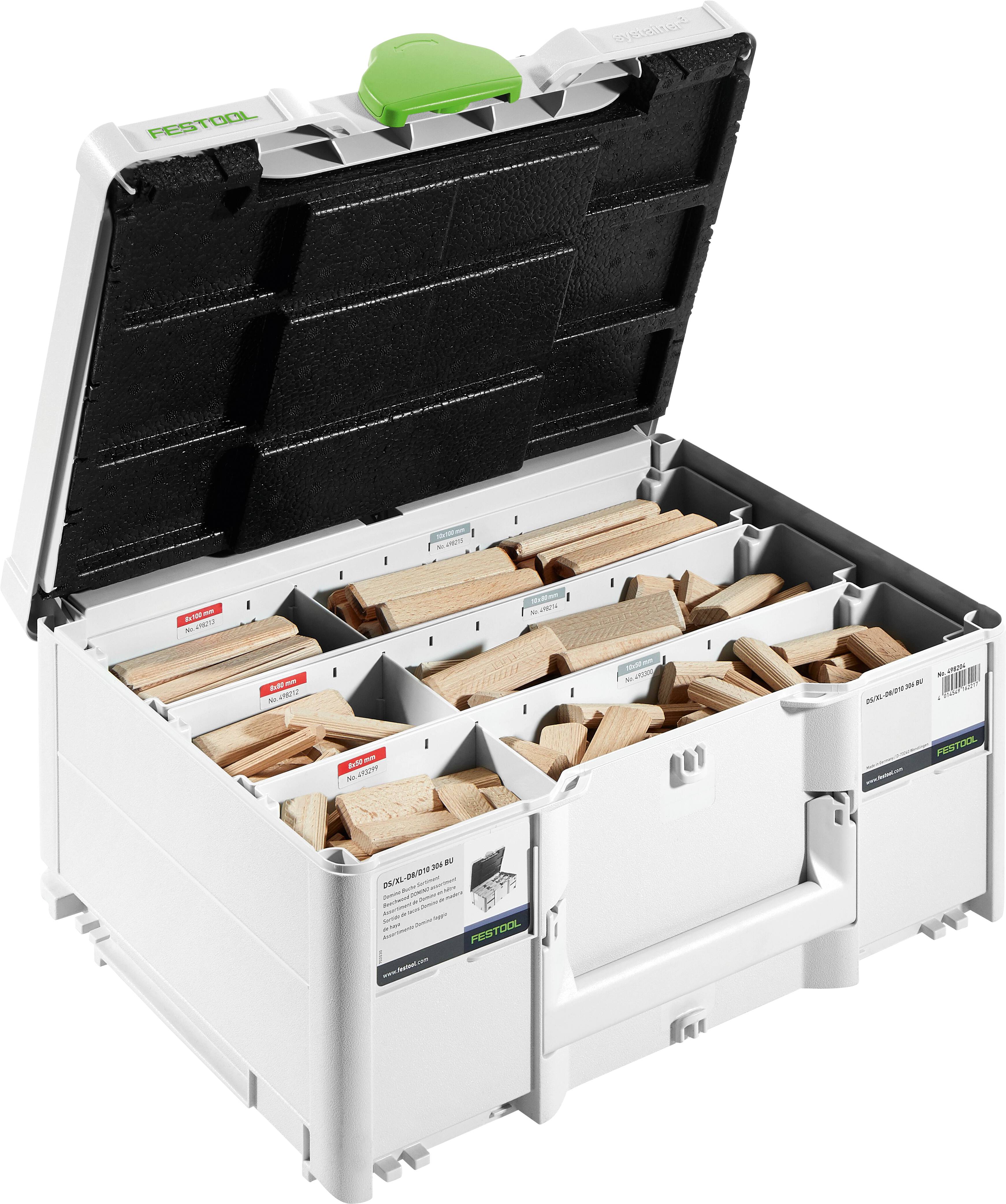 Eine offene Organisierbox mit sortierten Holzteilen in Fächern, mit einer grünen Verschlussvorrichtung oben und beschrifteten Abschnitten.