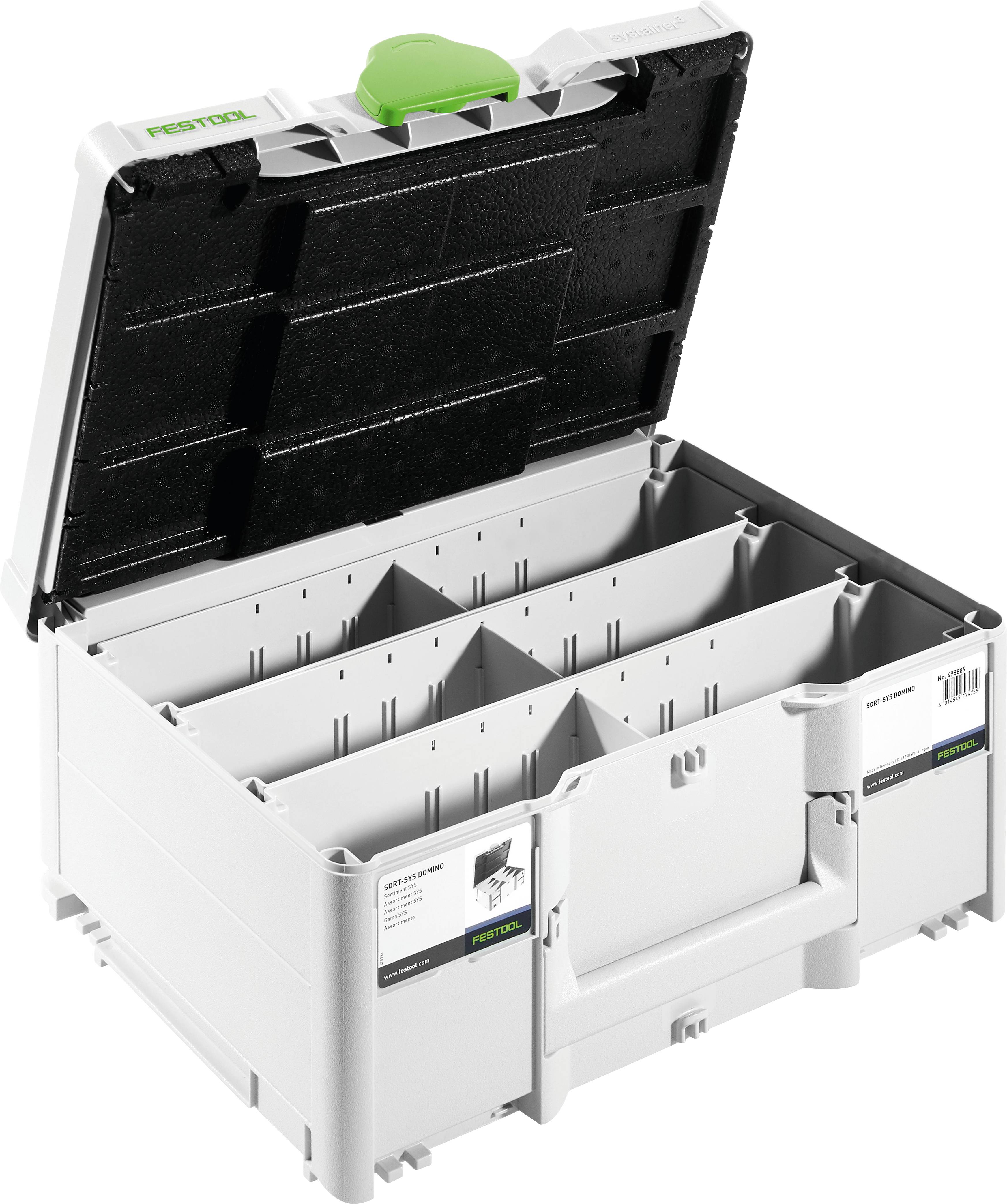 Eine weiße Aufbewahrungsbox mit schwarzem geöffnetem Deckel, grünem Logo und verstellbaren Trennwänden im Inneren, wahrscheinlich zum Organisieren von Werkzeugen oder Materialien.